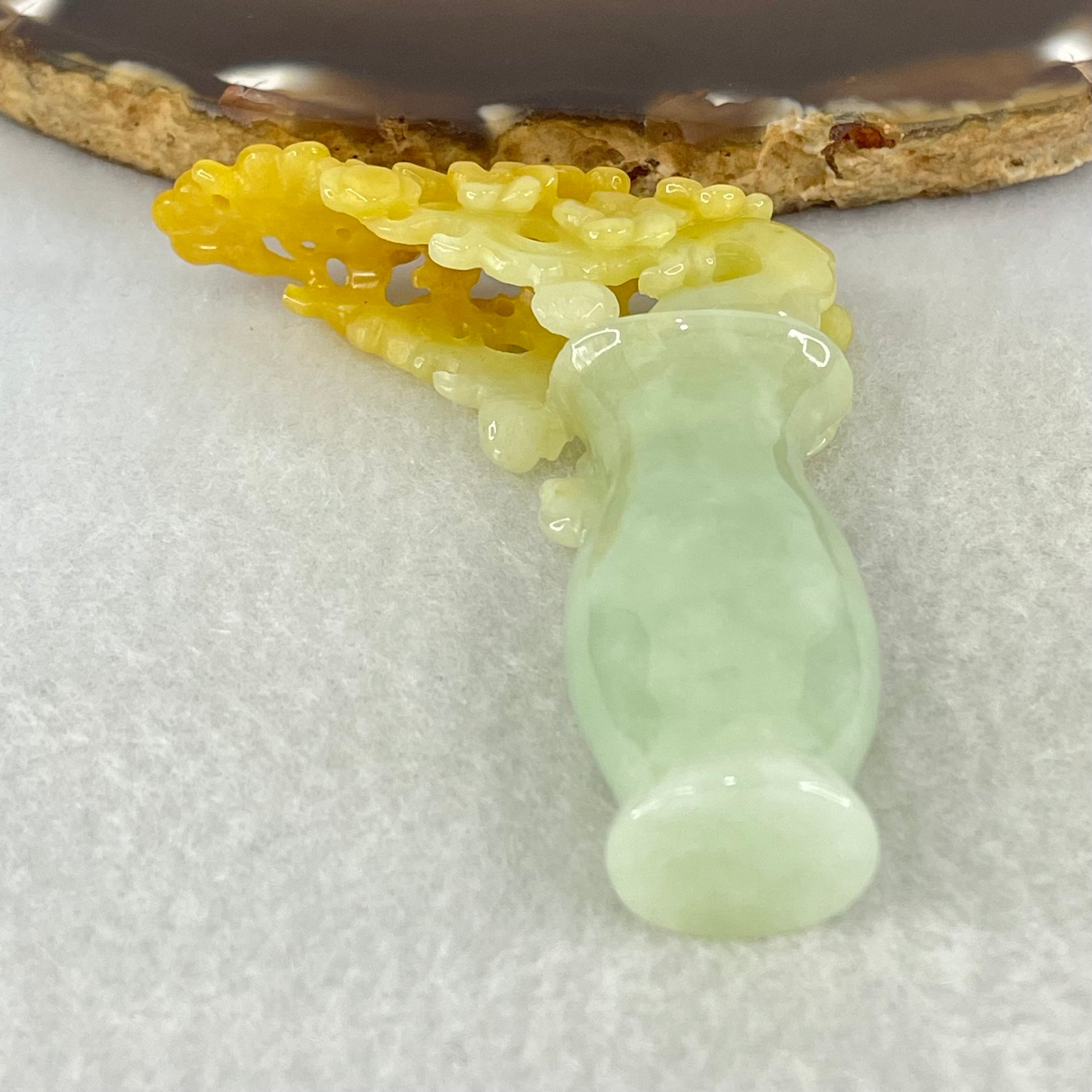 Type A Light Green with Yellow Jadeite Vase with Prosperity Flowers Pendant / Display 28.78g 59.0 by 49.7 by 14.1mm with Wooden Stand - Huangs Jadeite and Jewelry Pte Ltd