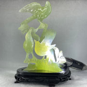 Natural Green Serpentine 3 Magpies Birds on Tree with Wooden Stand Display 807.0g 175.0 by 120.0 by 200.0mm - Huangs Jadeite and Jewelry Pte Ltd