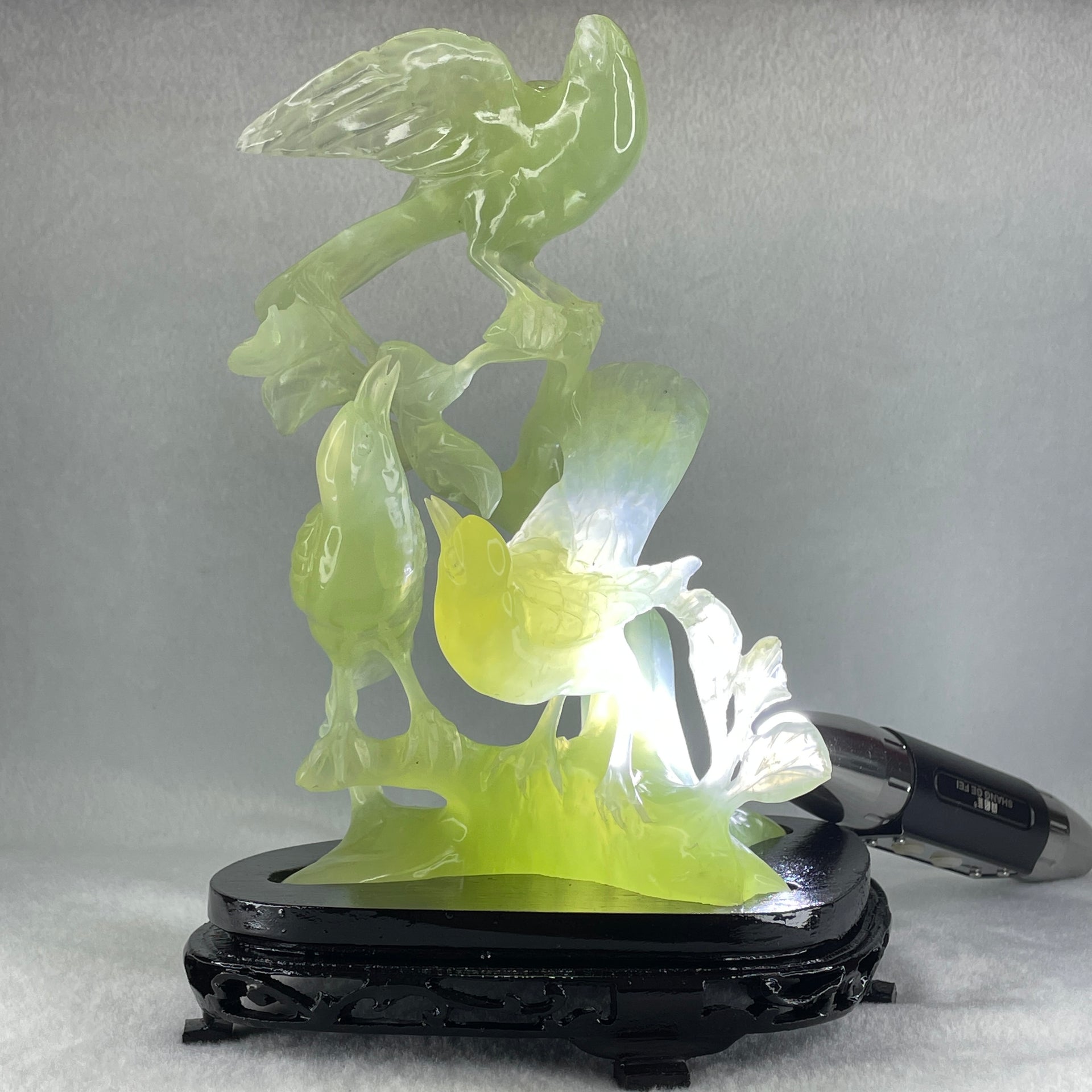 Natural Green Serpentine 3 Magpies Birds on Tree with Wooden Stand Display 807.0g 175.0 by 120.0 by 200.0mm - Huangs Jadeite and Jewelry Pte Ltd