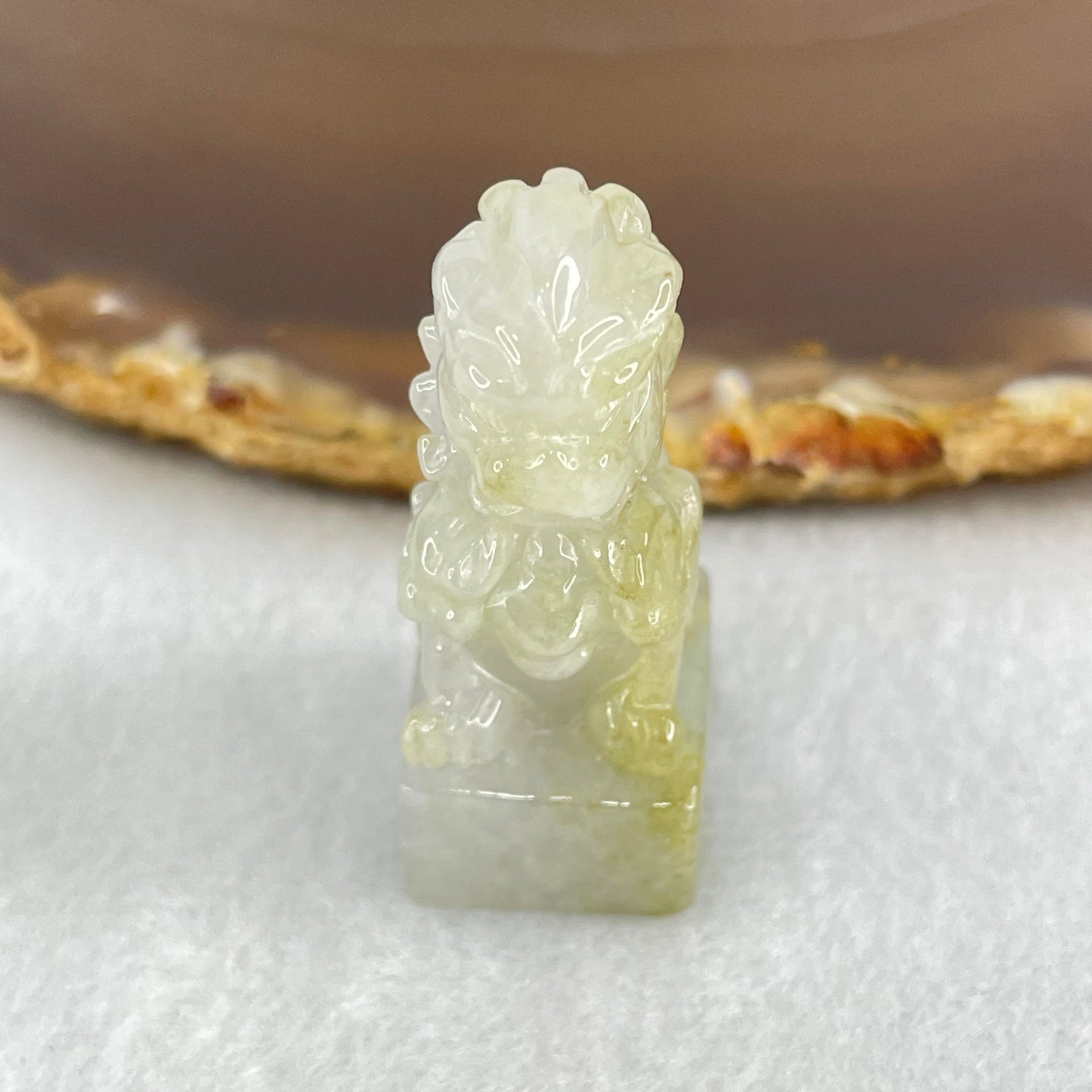 Type A Greyish Lavender and Yellowish Green Jadeite Fu Dog Seal Display 18.16g 37.1 by 16.7 by 14.5mm - Huangs Jadeite and Jewelry Pte Ltd