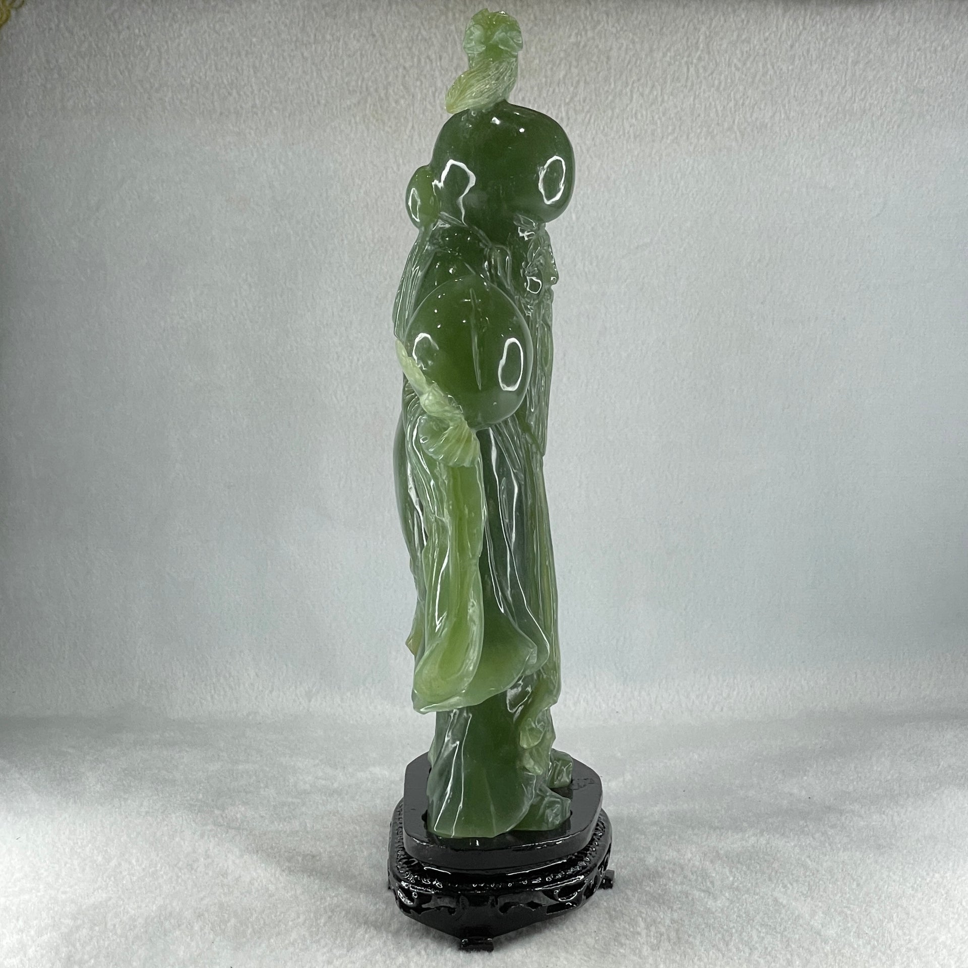 Natural Dark Green Serpentine Shou Xing Gong with Longevity Peach with Wooden Stand Display 1,383.8g 167.0 by 265.0 by 62.0mm - Huangs Jadeite and Jewelry Pte Ltd