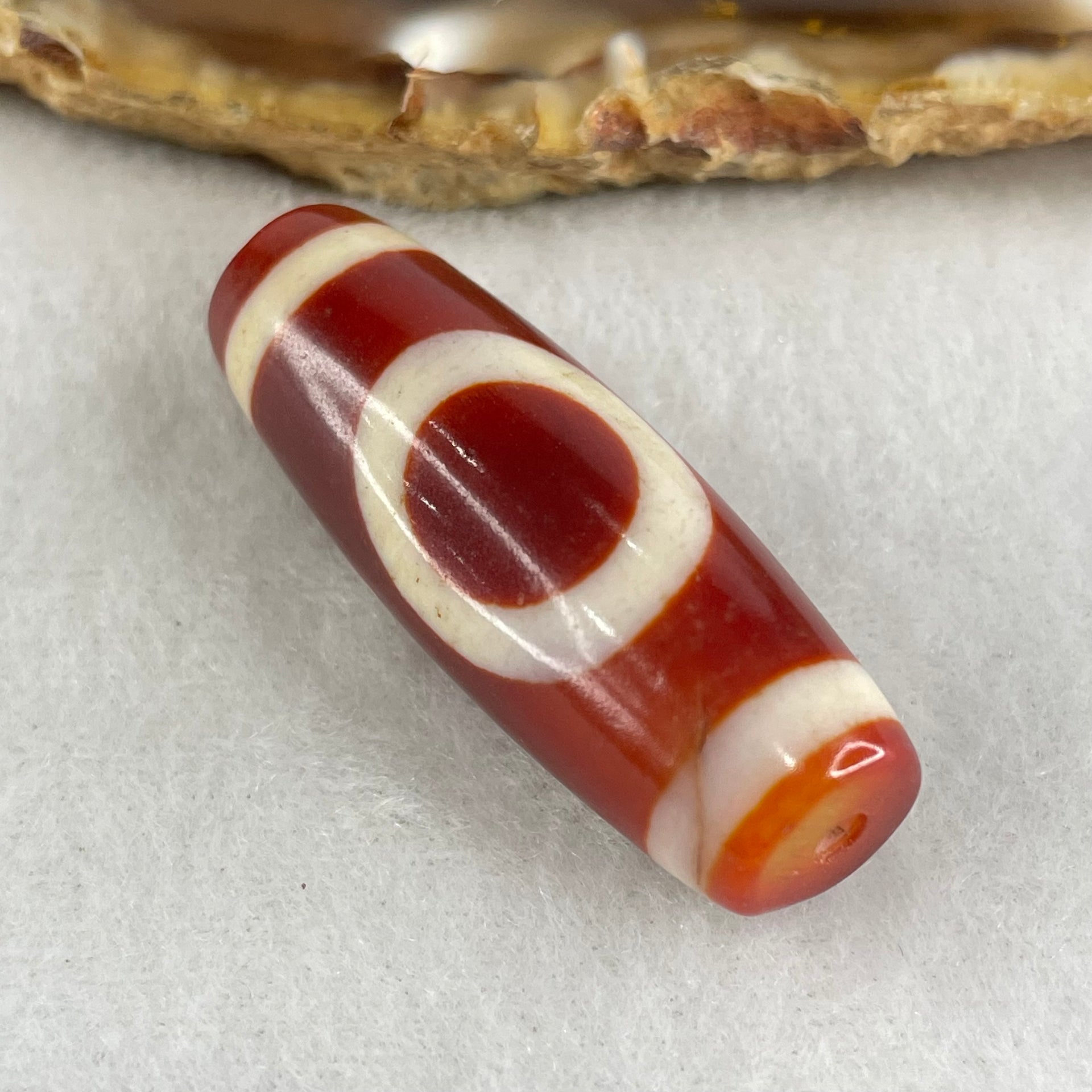Natural Powerful Tibetan Old Oily Red White Agate One Eye Gold Metal Element Dzi Bead Heavenly Master (Tian Zhu) 一眼金天珠 11.08g 37.3 by 13.5mm - Huangs Jadeite and Jewelry Pte Ltd