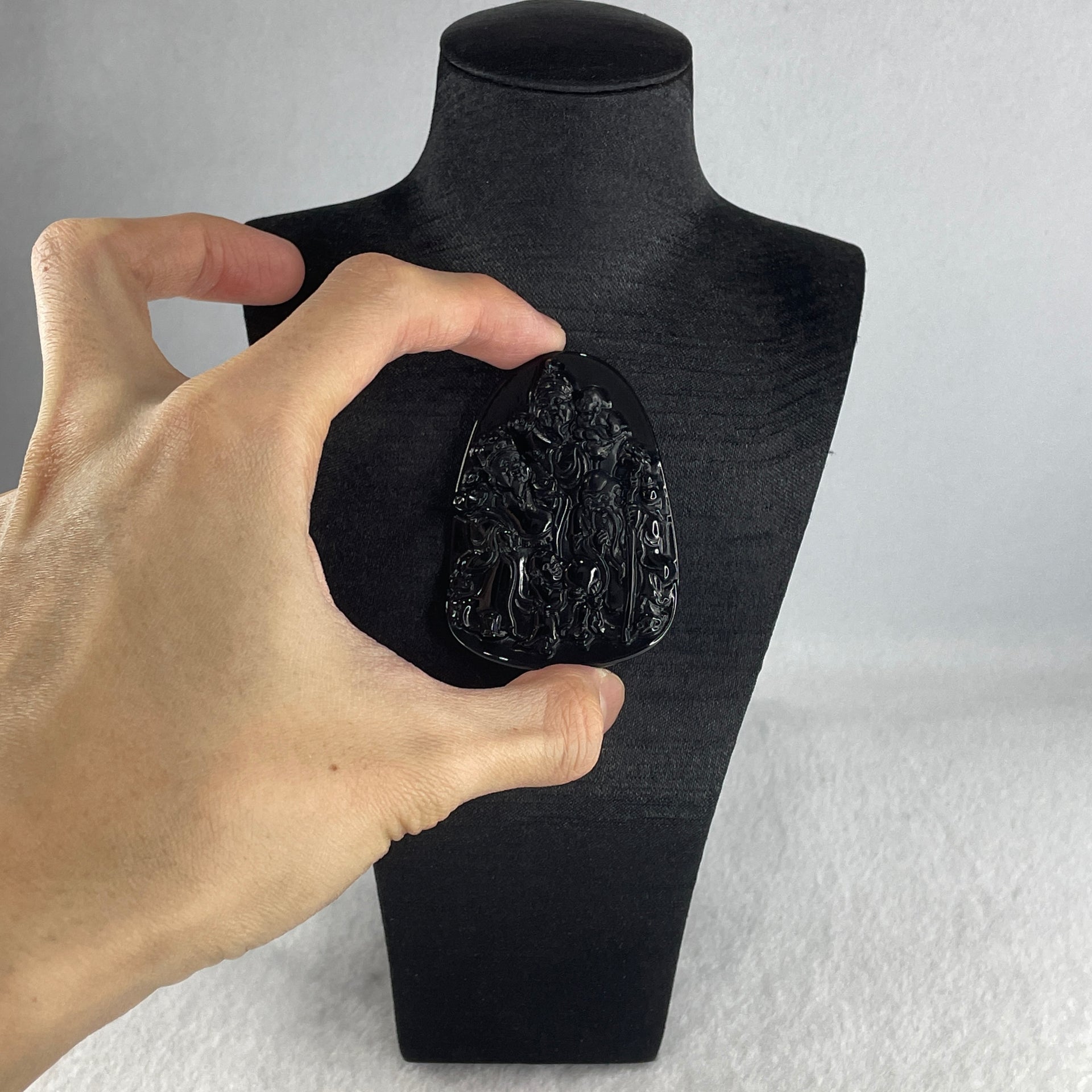 Certified Natural Type A Black Omphacite Jadeite Fu Lu Shou Pendant 33.09g 60.4 by 43.1 by 7.8mm - Huangs Jadeite and Jewelry Pte Ltd