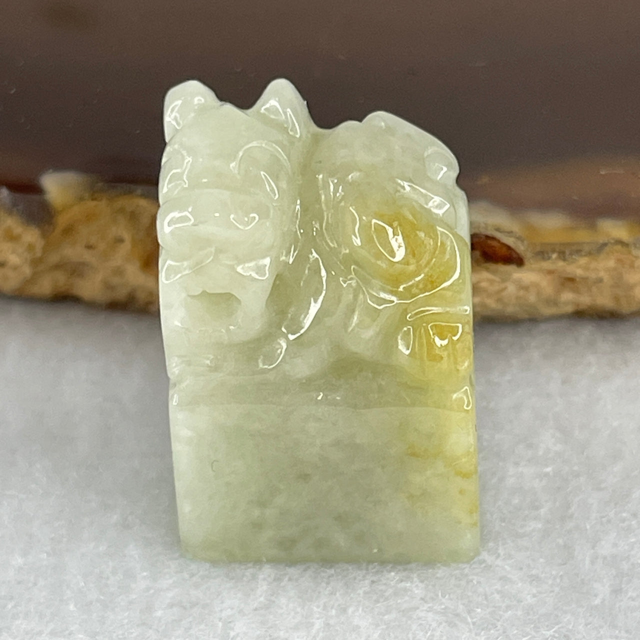 Certified Natural Type A Green with Yellow Patches Jadeite Mini Tower Pixiu Seal Display 16.87g 25.4 by 17.5 by 14.3mm