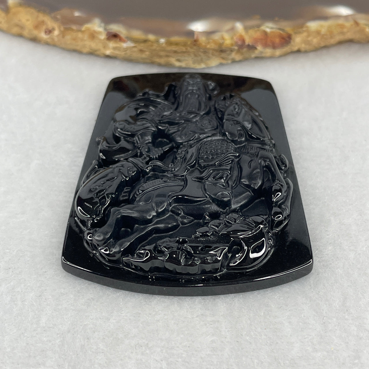 Certified Type A Opaque Black Omphacite Jadeite Guan Gong on Champion Stallion Pendant | 60mm Natural Black Jade Martial God of Wealth & Victory Talisman (28.16g | 60.1 x 43.0 x 8.0mm)