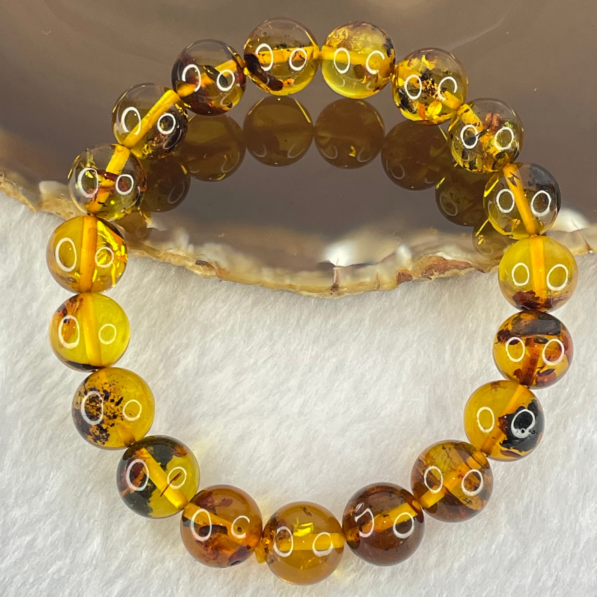 Natural Brownish Yellow Flower Amber Beads Bracelet 12.88g 17.5cm 10.8mm 19 Beads - Huangs Jadeite and Jewelry Pte Ltd