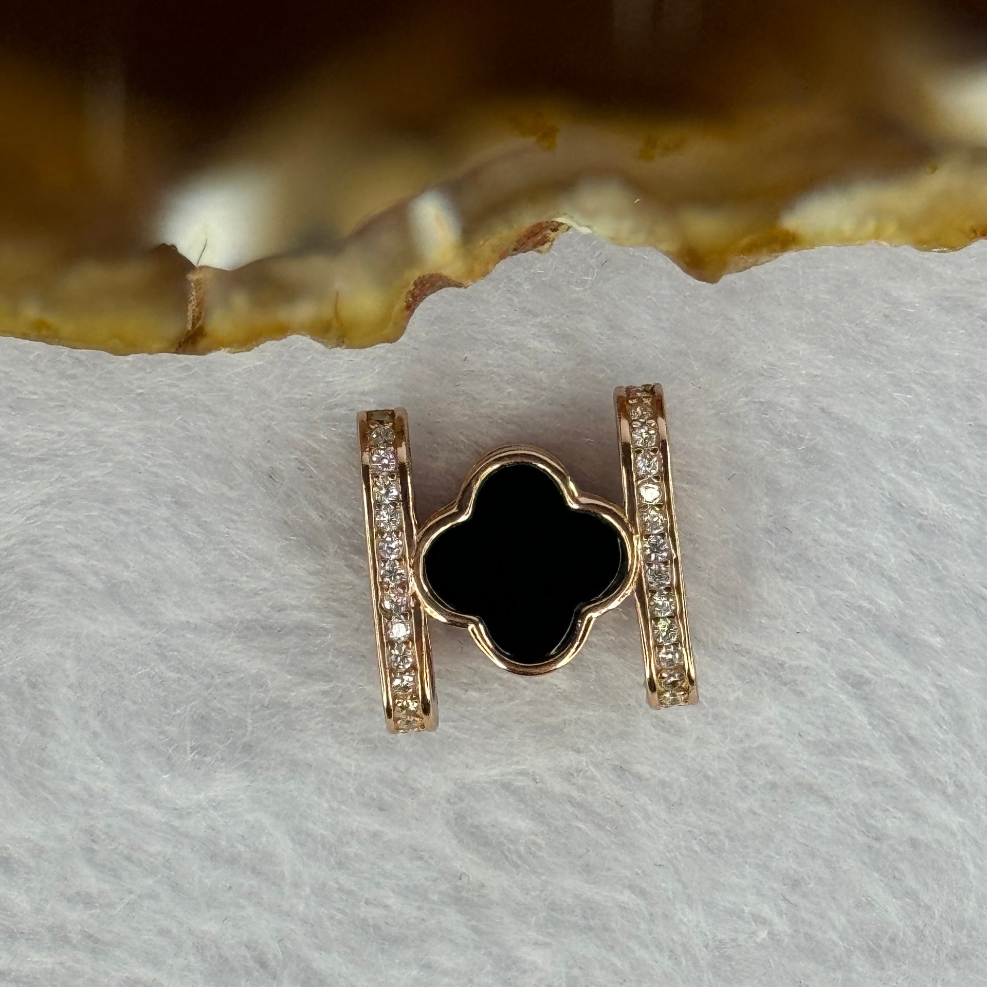 Type A Translucent Black Omphasite Jadeite Double Sided Clover with Crystals in S925 Sliver Rose Gold Color Charm 2.05g 7.7 by 7.7 by 1.5mm - Huangs Jadeite and Jewelry Pte Ltd