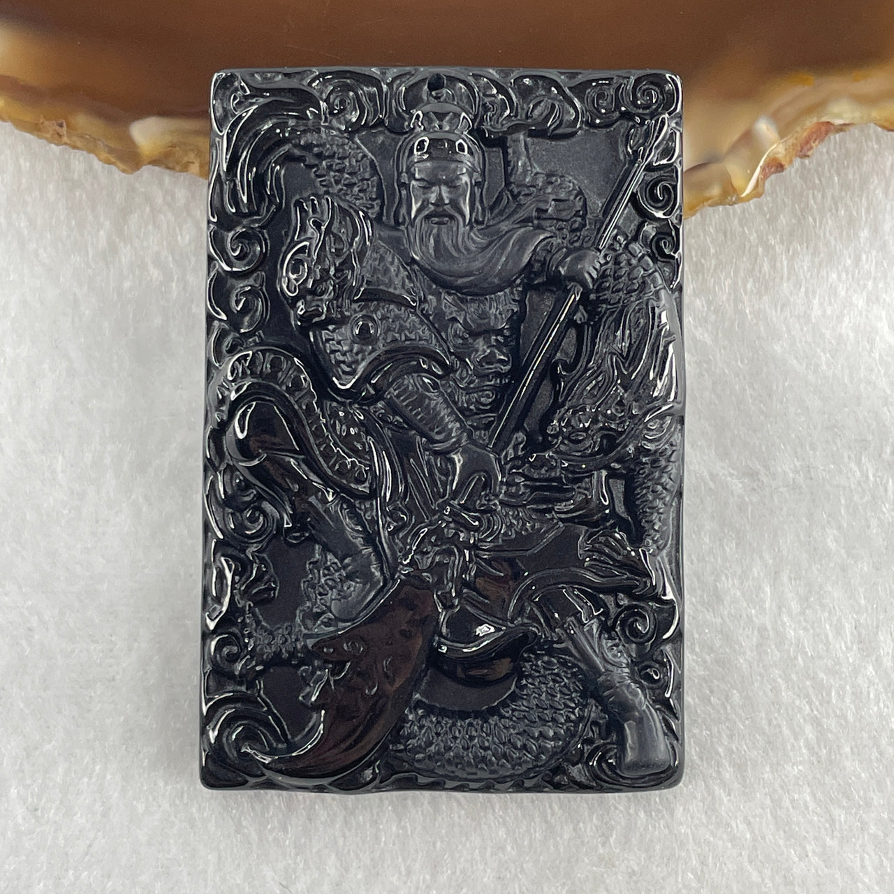 Type A Opaque to Partial Translucent Black Omphacite Jadeite Guan Gong with Dragon Pendant 26.12g 57.7 by 38.8 by 7.8mm - Huangs Jadeite and Jewelry Pte Ltd