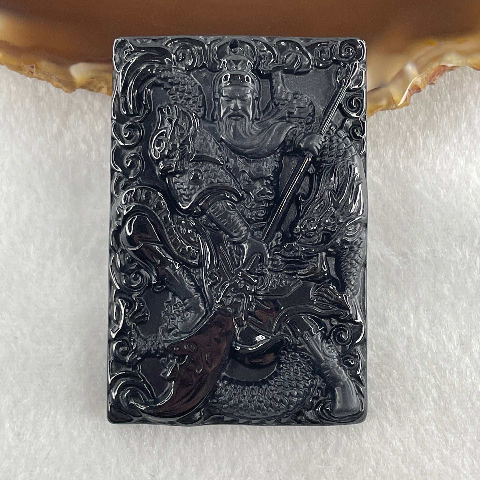 Type A Opaque to Partial Translucent Black Omphacite Jadeite Guan Gong with Dragon Pendant 26.12g 57.7 by 38.8 by 7.8mm - Huangs Jadeite and Jewelry Pte Ltd