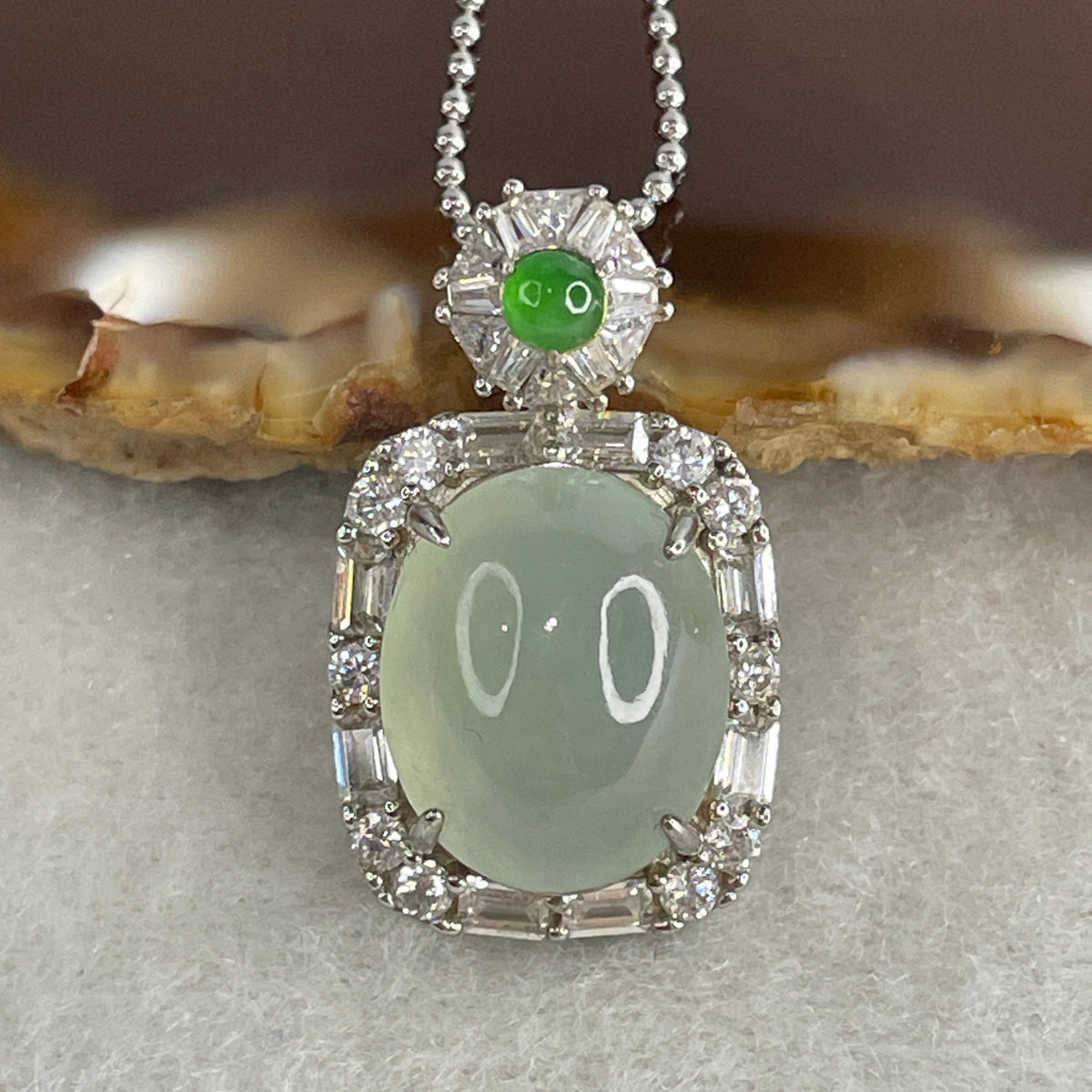 Natural Type A Semi Icy Light Green Jadeite Cabochon Necklace in S925 Silver | (5.80g | 44cm S925 | 13.8 x 11.0 x 5.5mm | Elegance & Abundance Anchor, Feng Shui Prosperity & Executive Charm Necklace) - Huangs Jadeite and Jewelry Pte Ltd