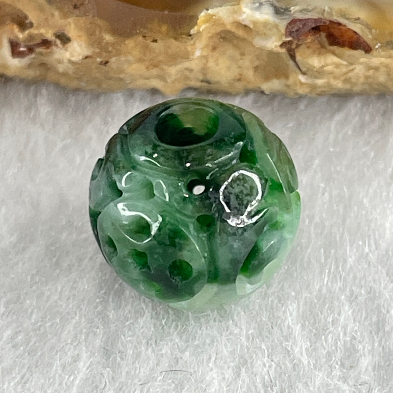Natural Type A Lao Keng Old Mine Green with Light Green Jadeite Flora Carving Bead Charm 1.37g 11.4mm - Huangs Jadeite and Jewelry Pte Ltd