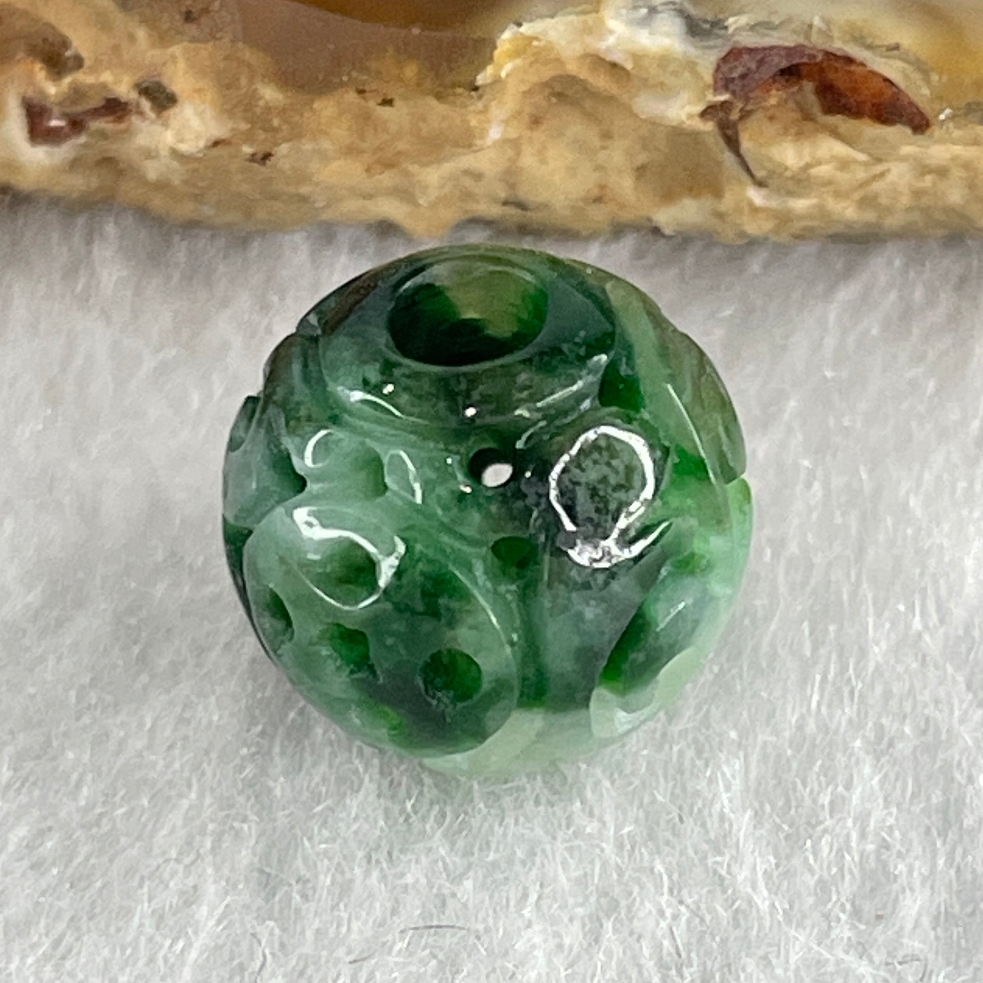 Natural Type A Lao Keng Old Mine Green with Light Green Jadeite Flora Carving Bead Charm 1.37g 11.4mm - Huangs Jadeite and Jewelry Pte Ltd