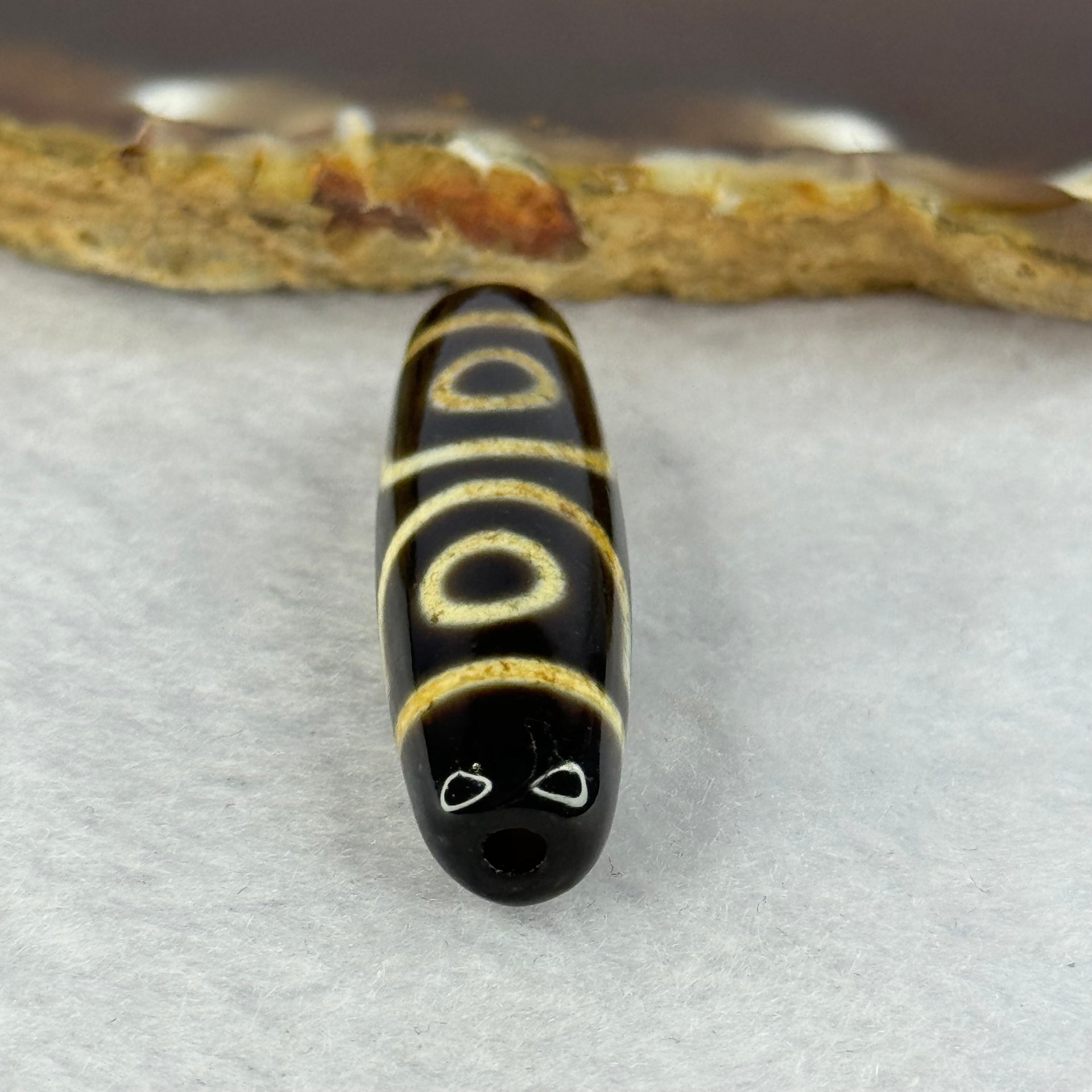 Natural Powerful Tibetan Old Oily Agate 3 Eyes Dzi Bead Heavenly Master (Tian Zhu) 三眼天诛 7.26g 39.4 by 11.2mm - Huangs Jadeite and Jewelry Pte Ltd