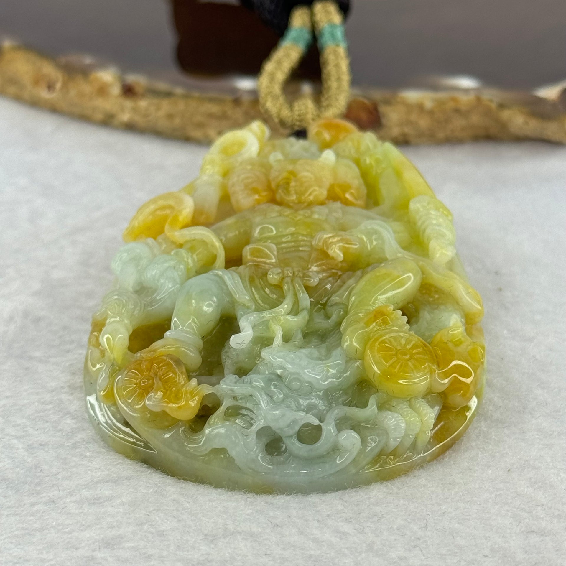 Rare Grand Master Type A 4 Colours Yellow Lavender Green Red Jadeite Neza on Dragon A货大师四彩翡翠哪咋三太子牌 70.66g 71.8 by 48.6 by 11.8mm with Wooden Stand - Huangs Jadeite and Jewelry Pte Ltd