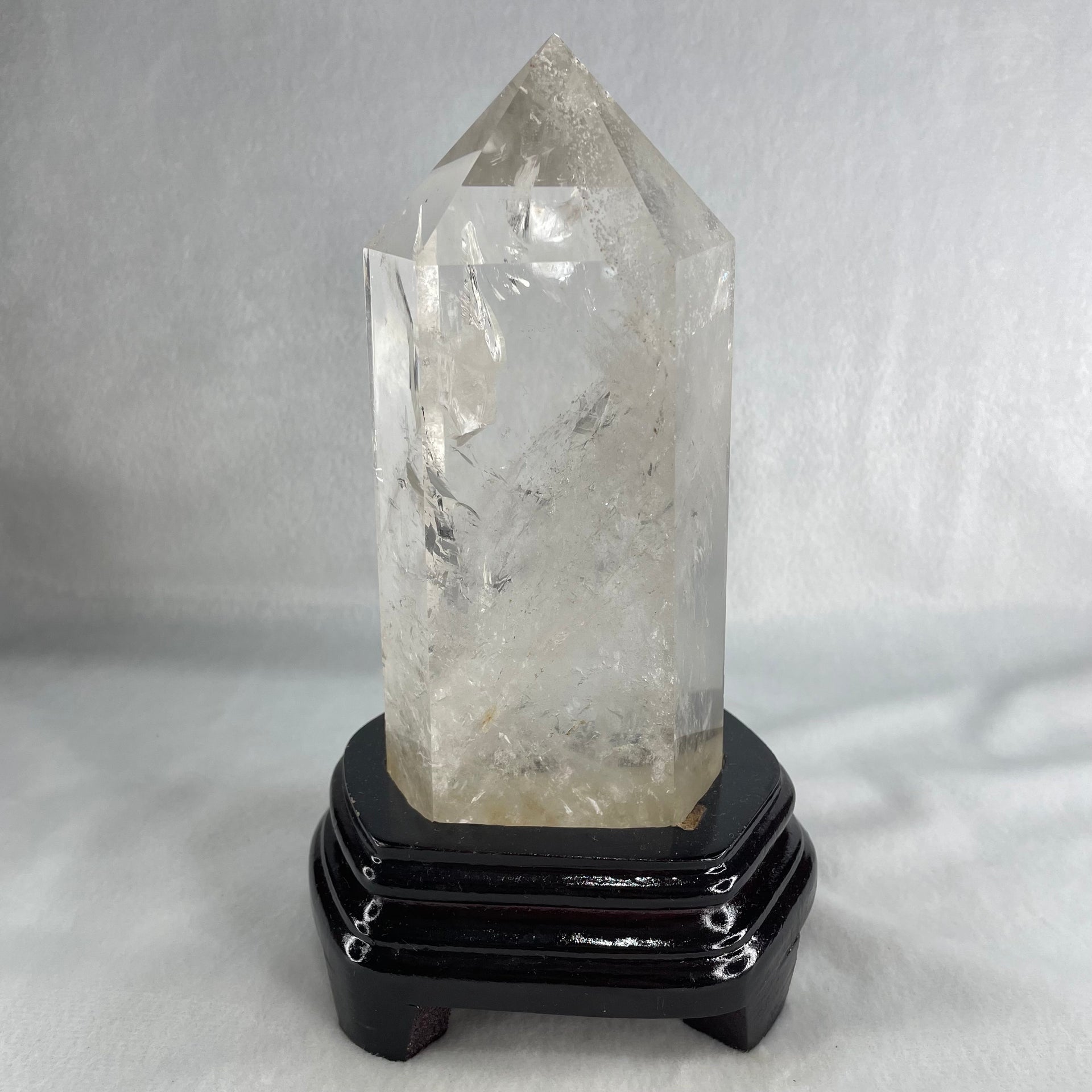 Natural Clear Quartz Tower with Wooden Stand Display 1188.6g 118.0 by 886 by 185.0mm - Huangs Jadeite and Jewelry Pte Ltd