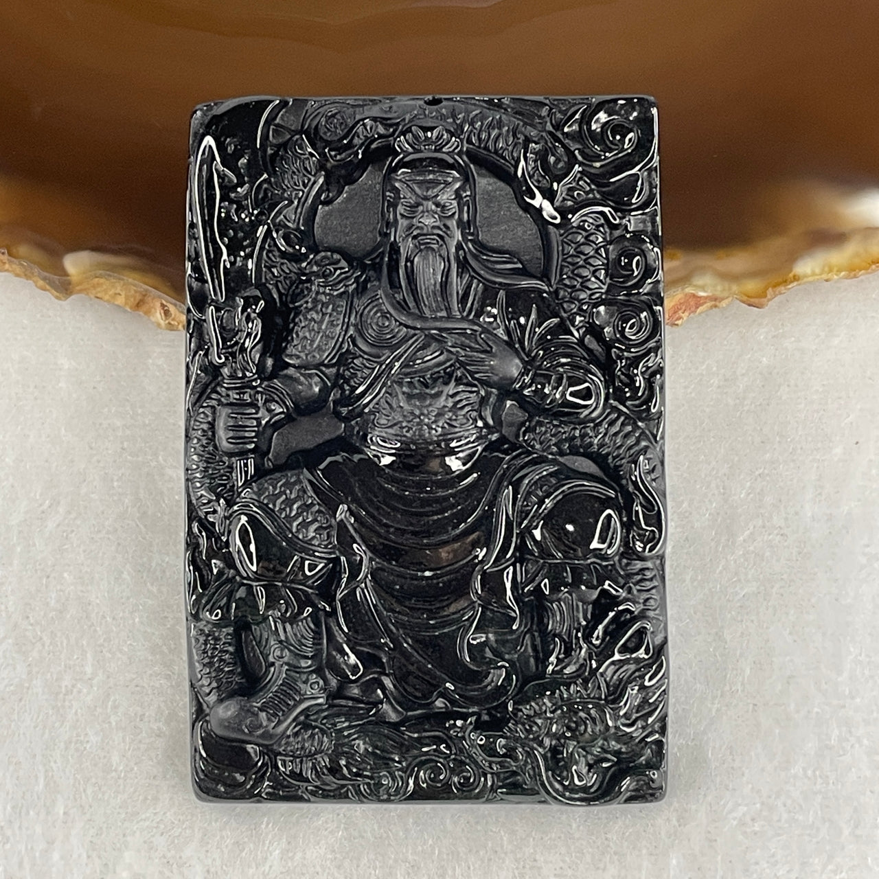 Certified Type A Opaque Black Omphacite Jadeite Guan Gong on Dragon Pendant | God of War & Wealth Protection Talisman (36.80g | 62.0 x 42.2 x 9.5mm)