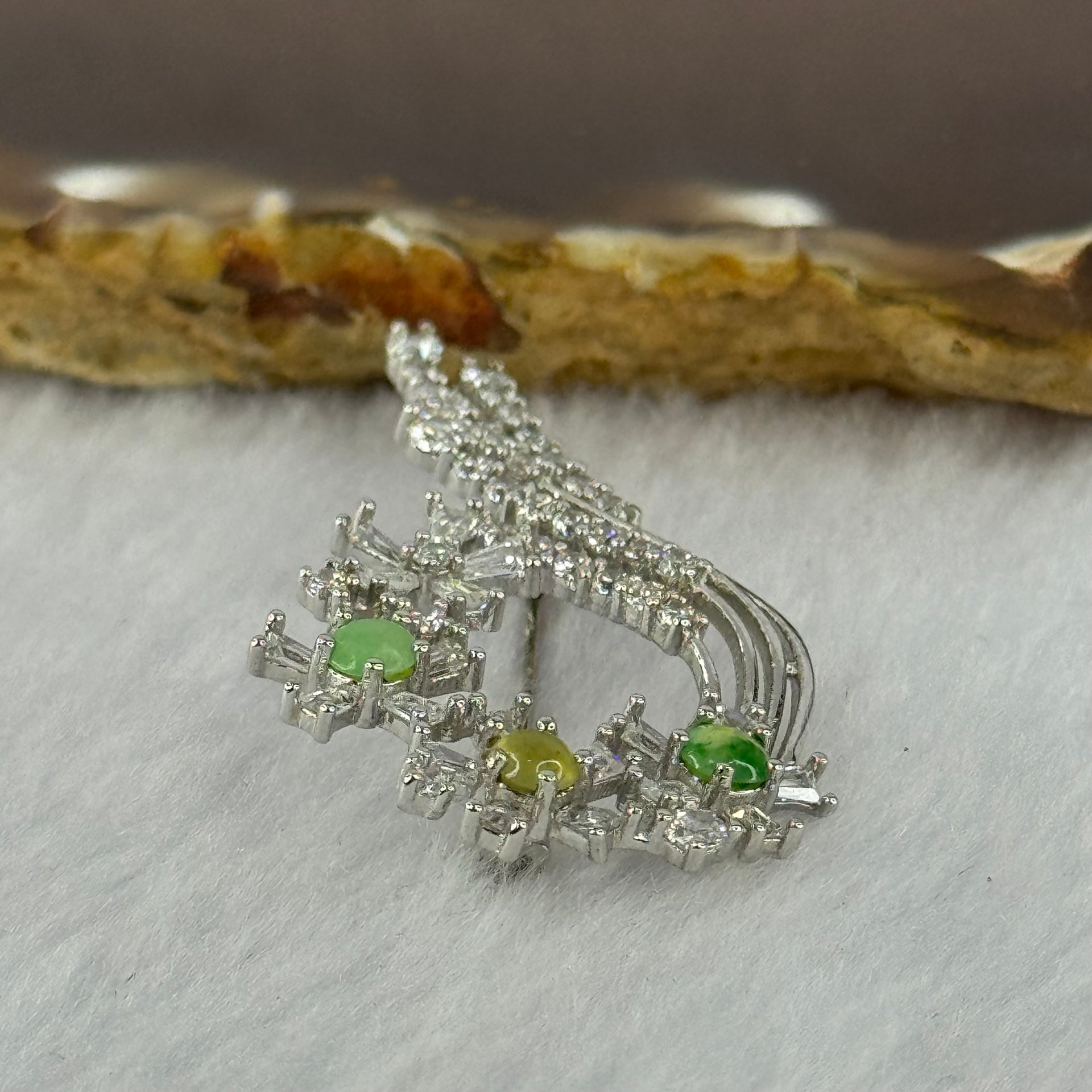 Type A Green Yellow Jadeite with Crystals in S925 Sliver Brooch 4.05g 3.6 by 1.5mm 3pcs - Huangs Jadeite and Jewelry Pte Ltd