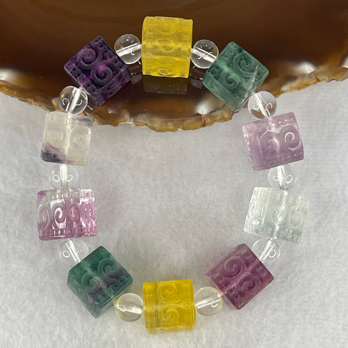 Very Very Good Grade Natural Multi Color Fluorite Cube Beads Bracelet | 12.7mm Geometric Rainbow Amulet (71.02g | 17cm Wrist | 10 Cubes)