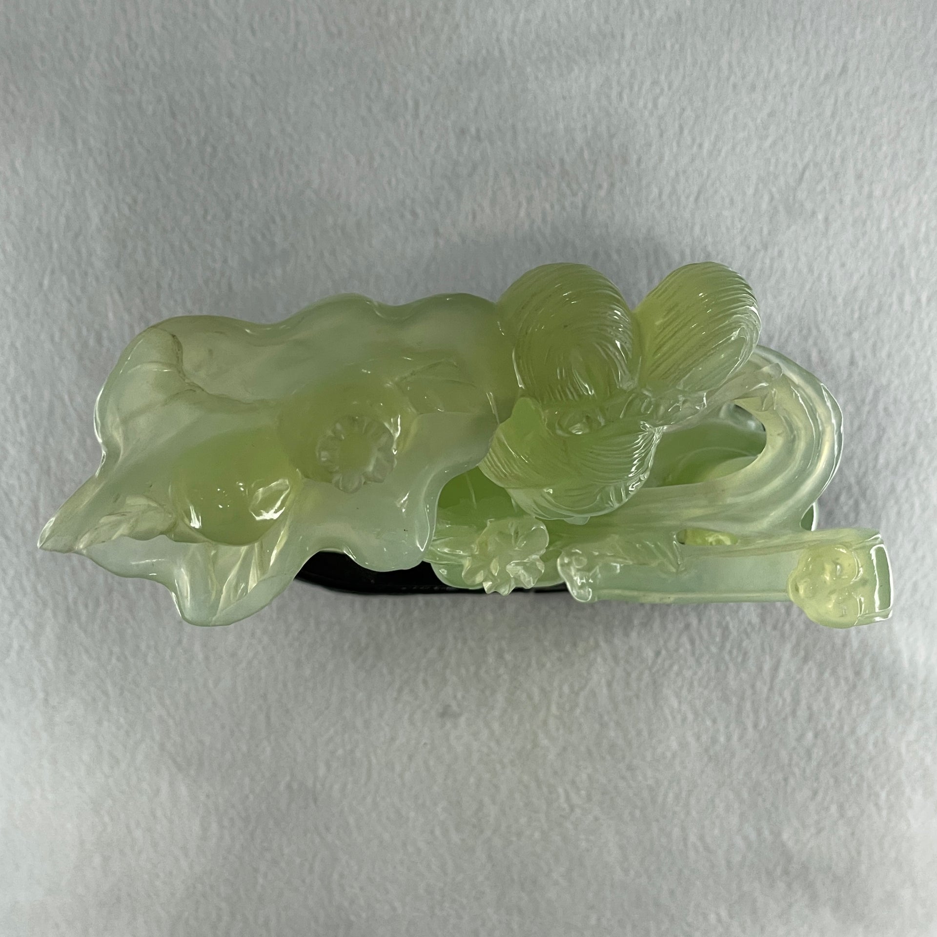 Natural Semi Icy Green Serpentine Fairy with Tong Zhi and Lotus Flower with Wooden Stand Display 1,228.0g 196.0 by 76.0 by 283.0mm - Huangs Jadeite and Jewelry Pte Ltd