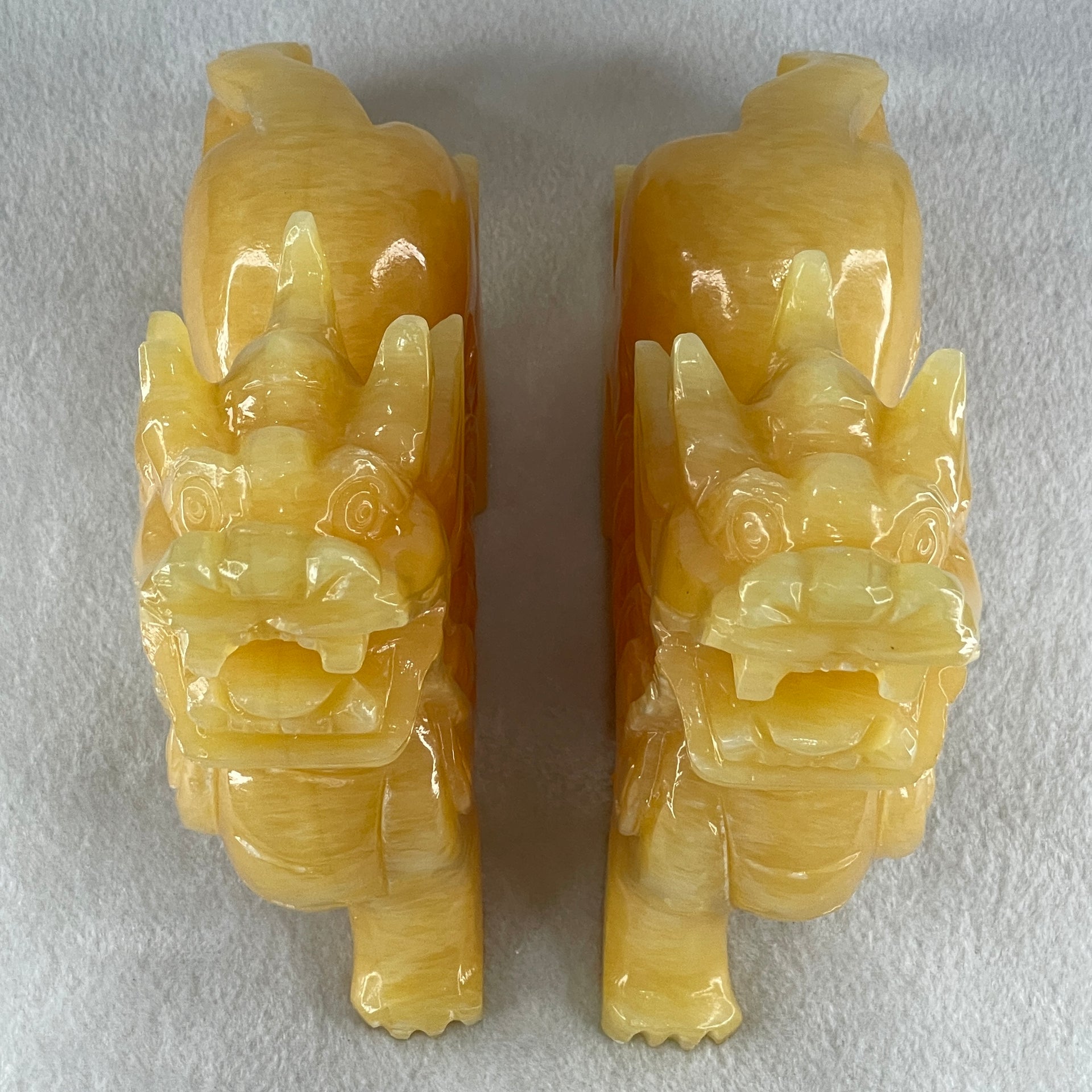 Natural Yellow Calcite Pixiu Display Pair 4085.7g 205.0 by 59.3 by 165.0mm - Huangs Jadeite and Jewelry Pte Ltd