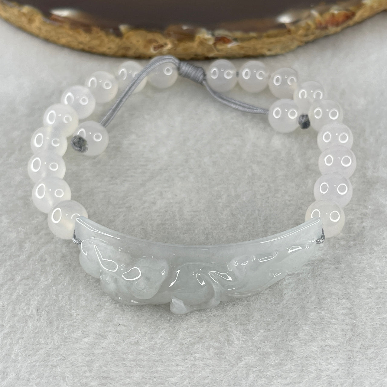 Natural Type A Faint Lavender Jadeite Nine-Tailed Fox 49.5x11.5x10.3mm Bracelet | Adjustable 14-21cm Bold 10.3mm Colorless Agate Beads Mystical Charm Strand (26.14g)