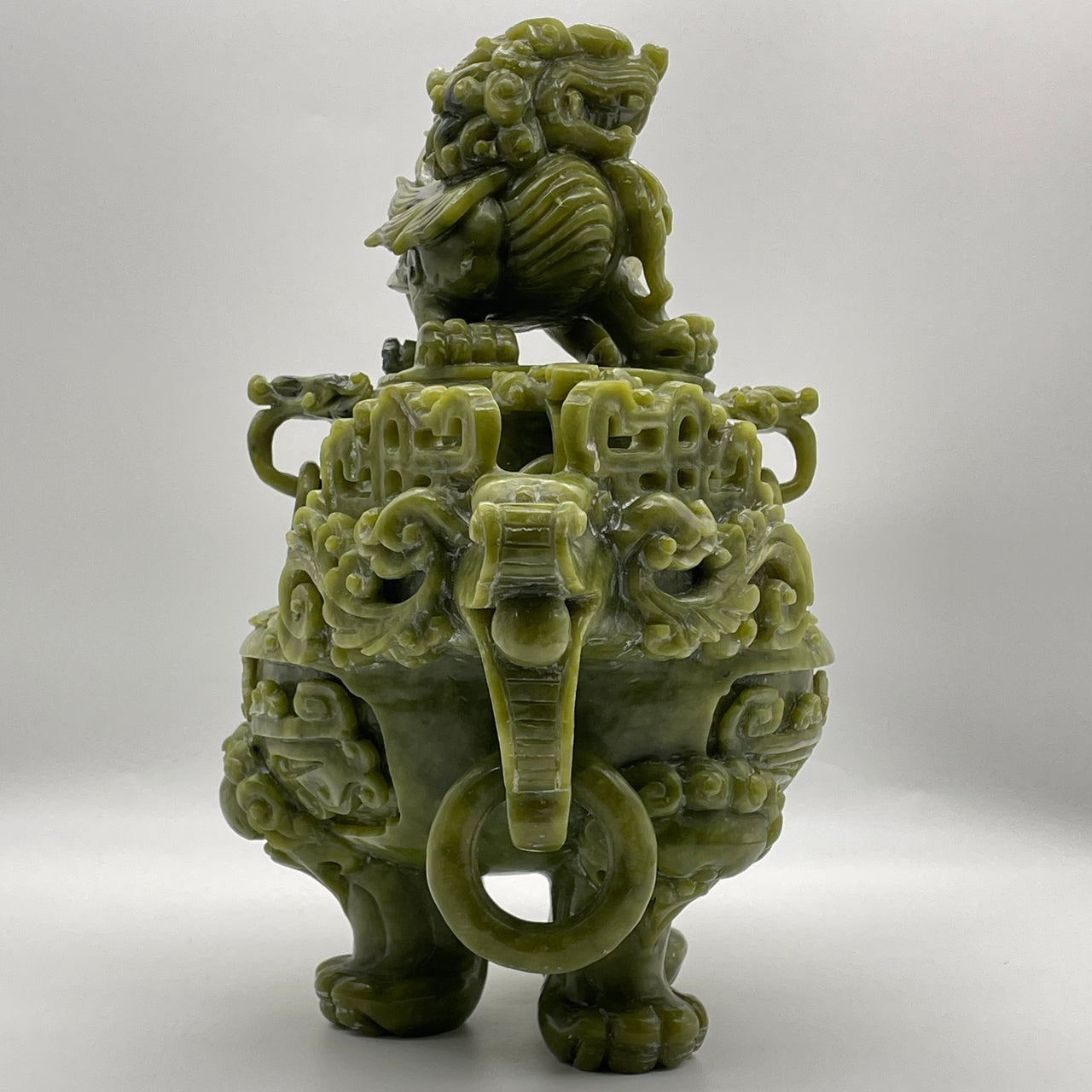 Natural Green Serpentine Flying Fu Gou Furnace Display 6,767.3g 350.0 by 185.0 by 300.0mm