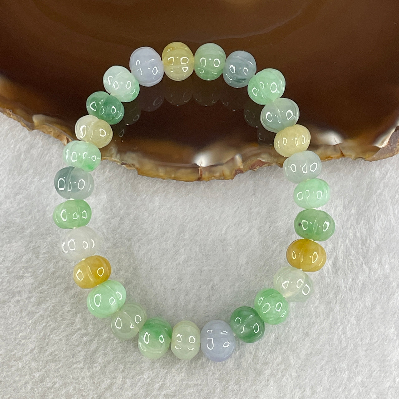 Certified Natural Type A Muti Color Green Lavender Yellow Jadeite Pumpkin Beads Bracelet 28.85g 16.5cm 9.9mm 27 Beads - Huangs Jadeite and Jewelry Pte Ltd
