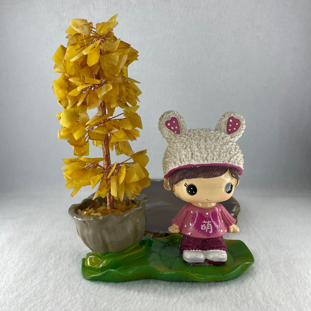 Citrine Money Tree with Movable Girl on Lotus Leaf Display 423.6g 132.0 by 71.0 by 190.0mm