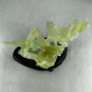 Natural Semi Icy Green Serpentine Double Magpie Birds on Flower Tree with Wooden Stand Display 641.5g 210.0 by 220.0 by 112.0mm - Huangs Jadeite and Jewelry Pte Ltd