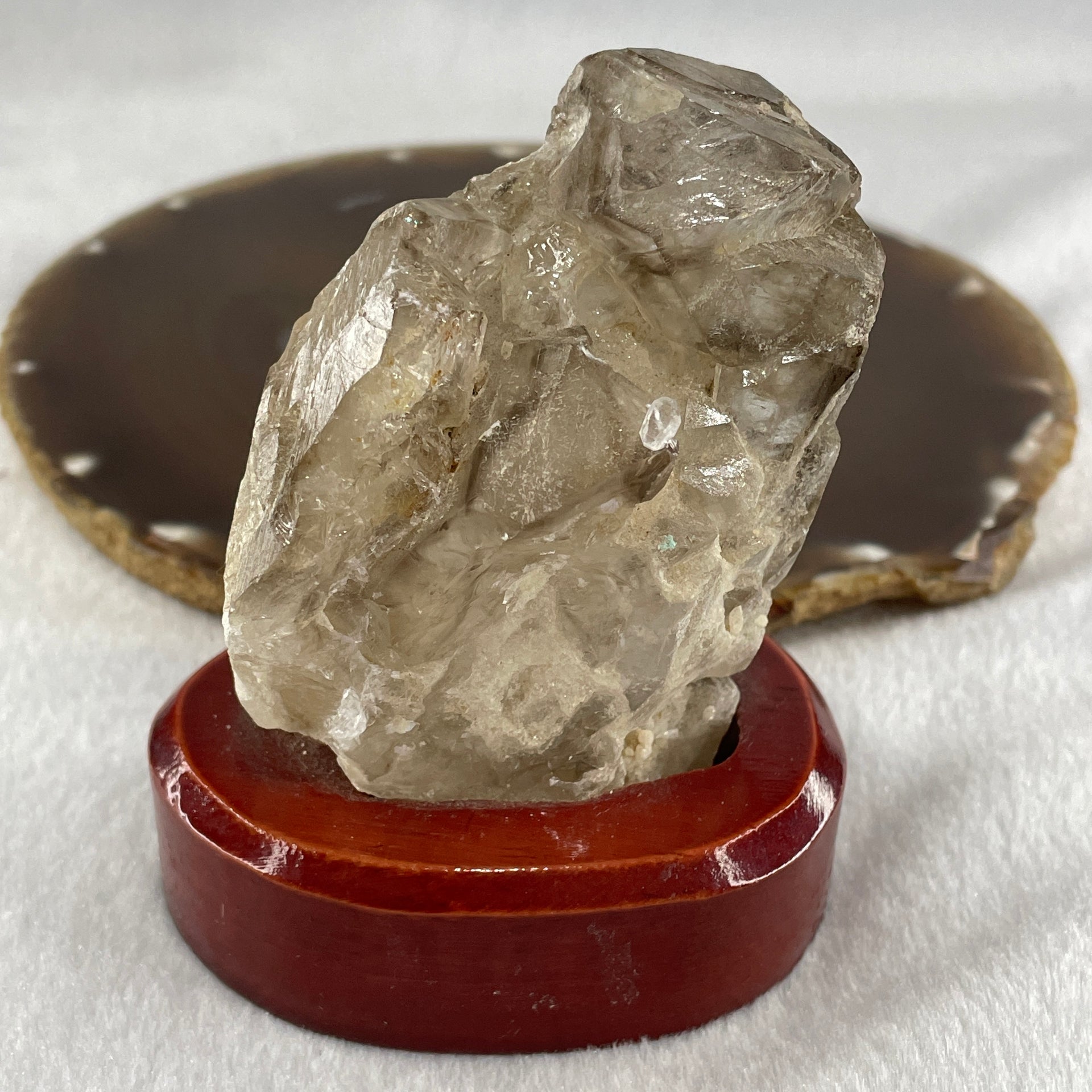 Natural Smoky Quartz Rough Irregular Shape Display in Wooden Stand 209.9g 72.0 by 52.4 by 85.7mm - Huangs Jadeite and Jewelry Pte Ltd