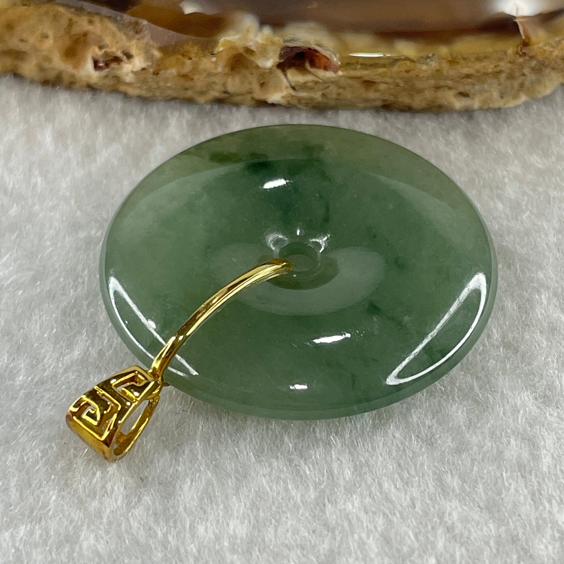 Type A Natural Semi Icy Green with Green Piao Hua Jadeite Ping An Kou Pendant with 18K Yellow Gold Clap 10.67g 30.5 by 5.2mm - Huangs Jadeite and Jewelry Pte Ltd