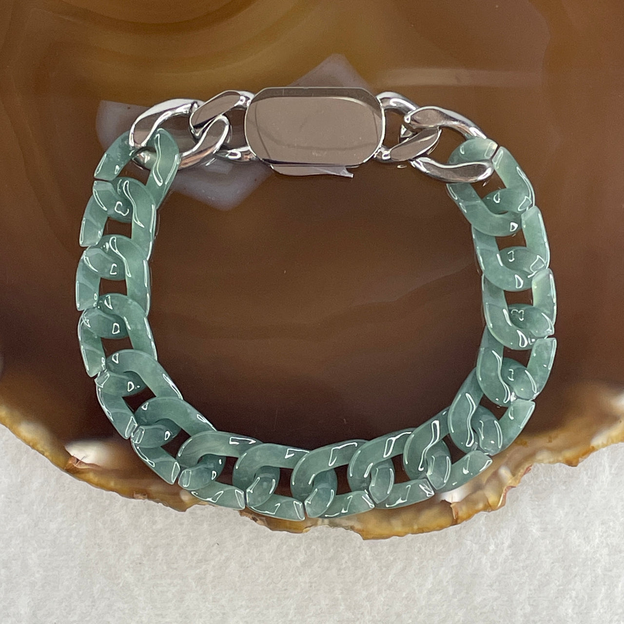 Certified Natural Type A Semi Icy Blueish Green Jadeite Cuban Tennis Bracelet with Metal Clap 25.88g 18cm 11.6 by 16.4 by 3.7mm 16 Pcs