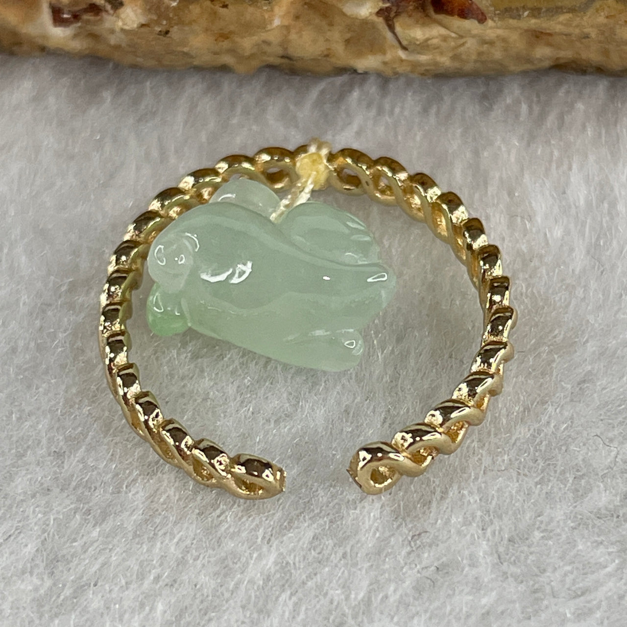 Natural Type A Semi Icy Light Green Jadeite Rabbit on Gold Color Ring 1.73g 11.2 by 7.8 by 6.1mm