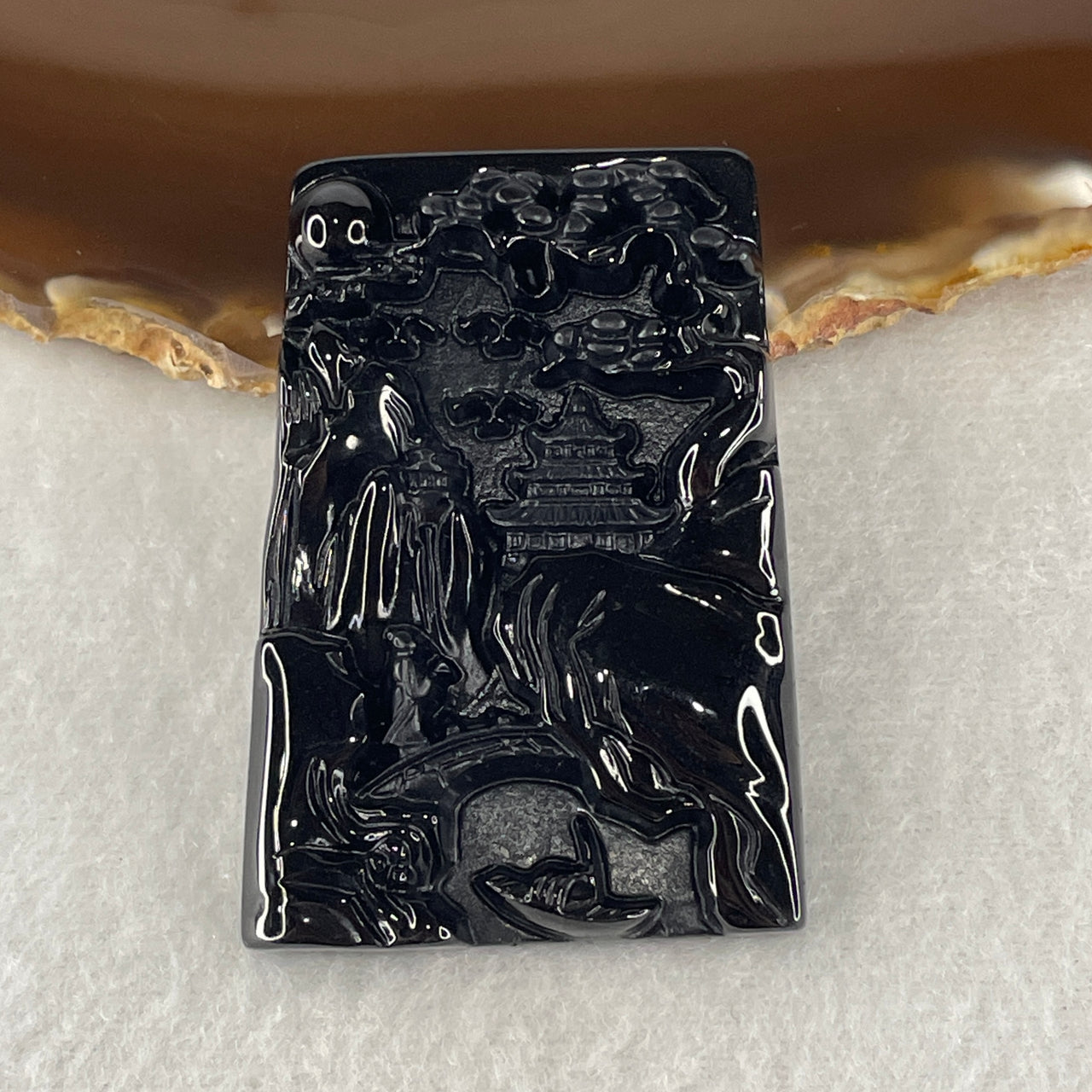 Certified Natural Type A Black Omphacite Jadeite Shan Shui with Guiren Benefactor Pendant 29.44g 55.3 by 37.6 by 8.8mm