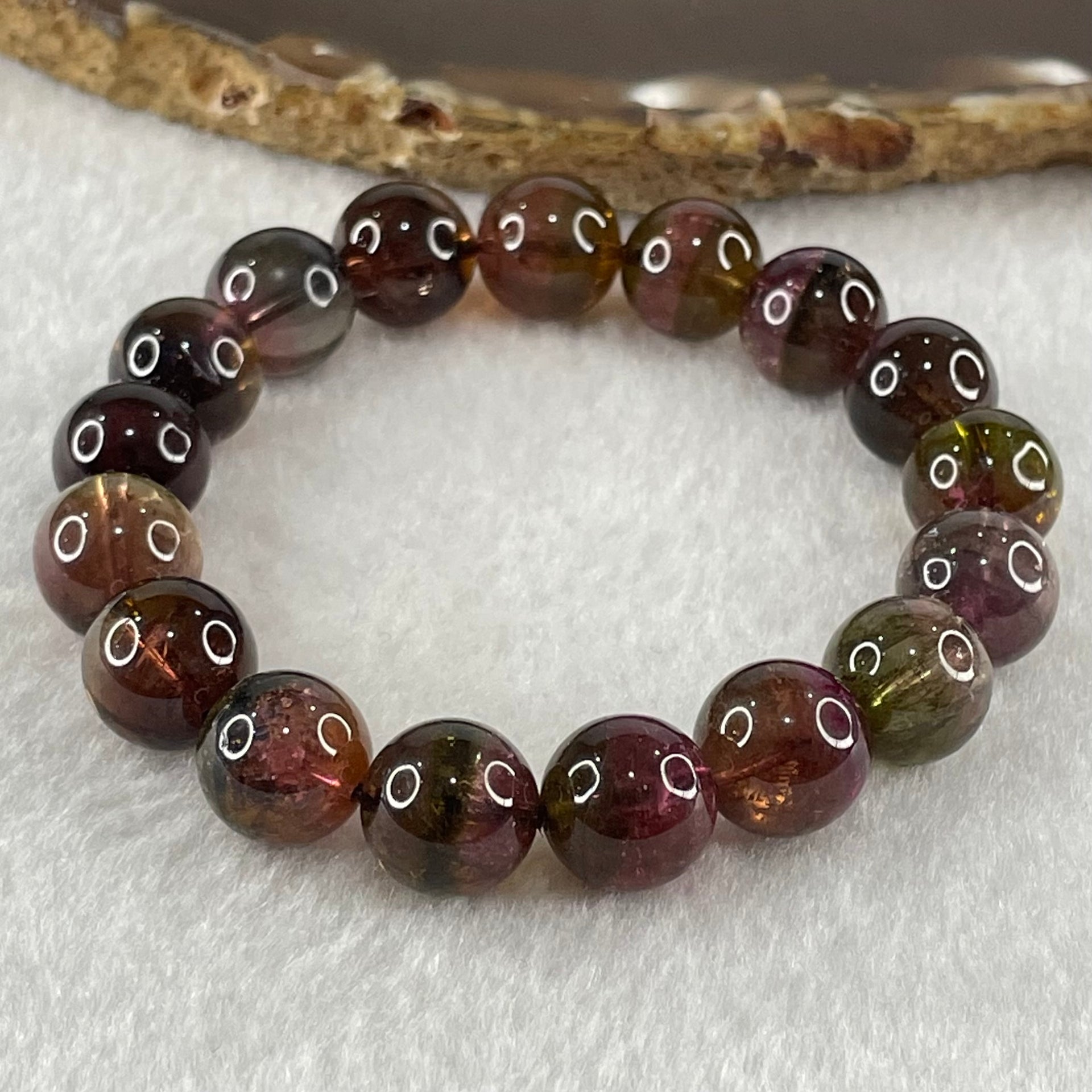 Good Grade special Dark Bi/Tri Color Natural Tourmaline Crystal Bracelet 电气石 37.34g 16cm 11.2mm 17 Beads - Huangs Jadeite and Jewelry Pte Ltd