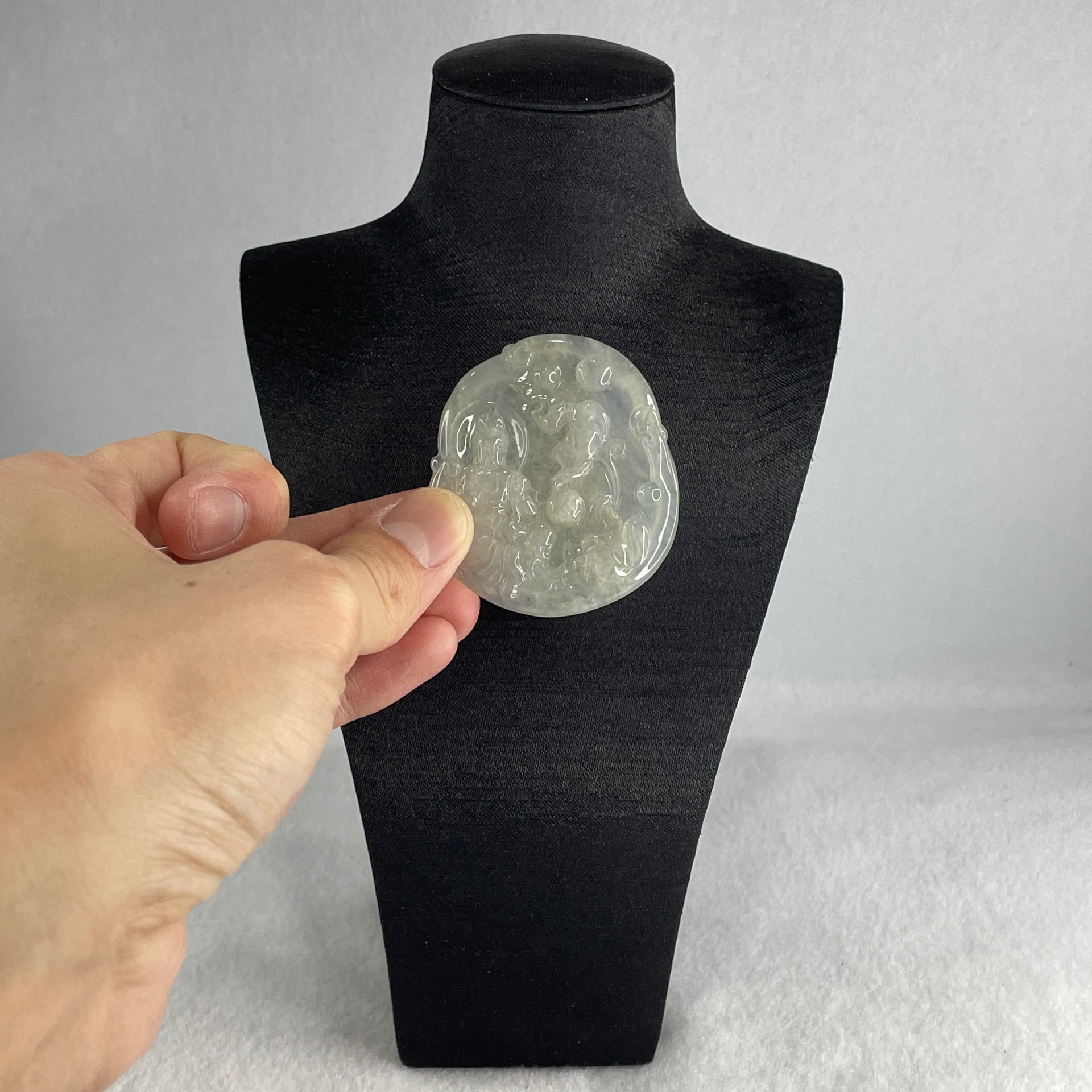 Natural Type A Semi Icy Colorless Jadeite Guan Yin with Lotus Flower Pendant 23.37g 52.8 by 46.7 by 5.2mm - Huangs Jadeite and Jewelry Pte Ltd