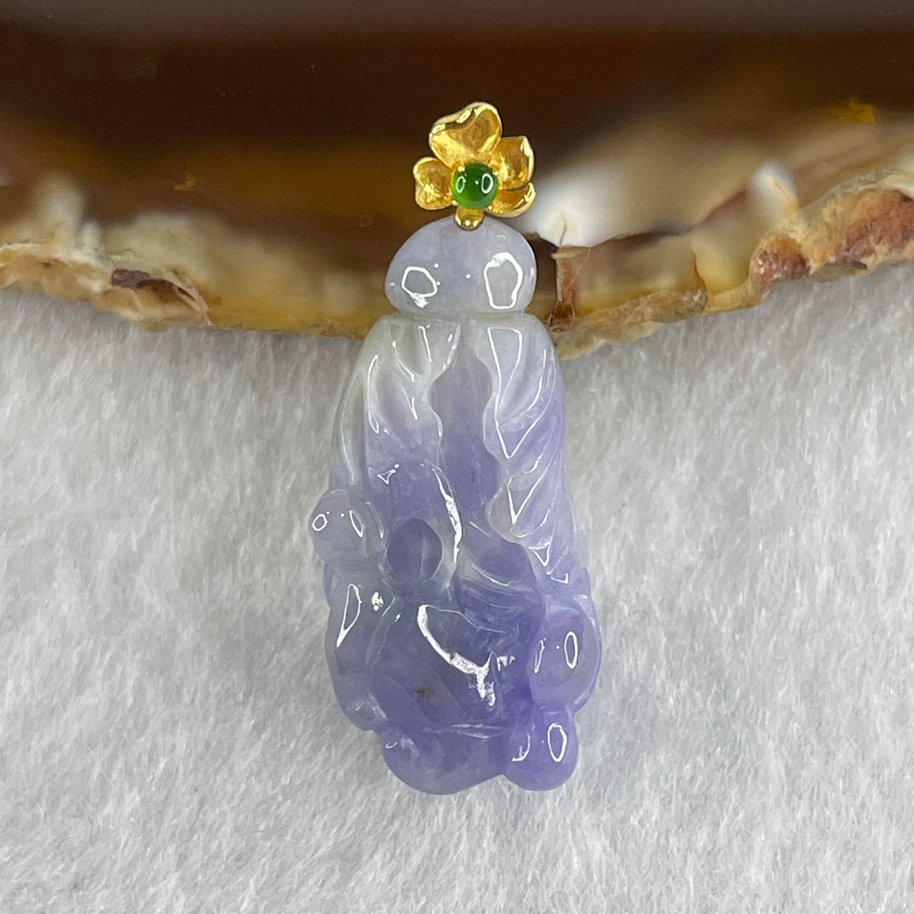 Certified Natural Type A Intense Deep Lavender Jadeite Cabbage with Icy Green Jadeite in 18K Yellow Gold Clasp Pendant 3.52g 23.1 by 11.5 by 9.0mm