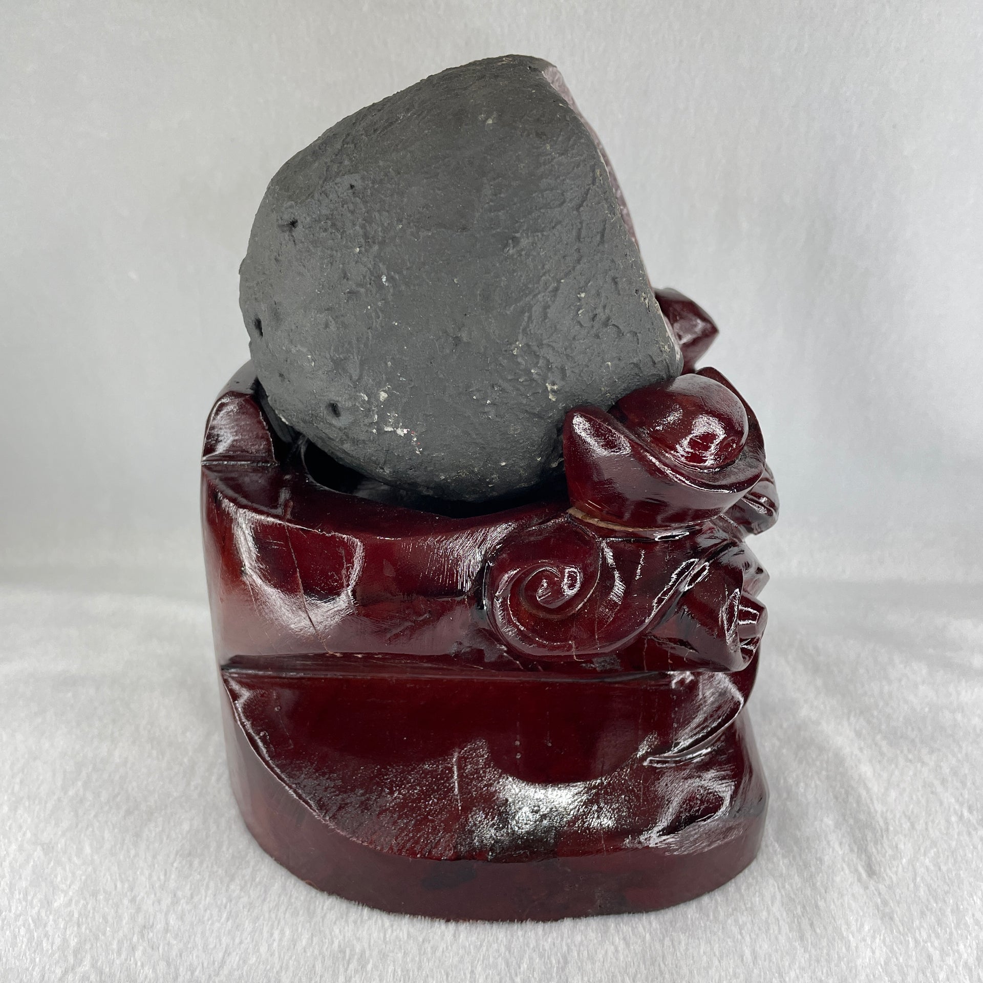 Natural Amethyst Cave with Wooden Stand 2,387.0g 153.2 by 143.7 by 165.0mm - Huangs Jadeite and Jewelry Pte Ltd