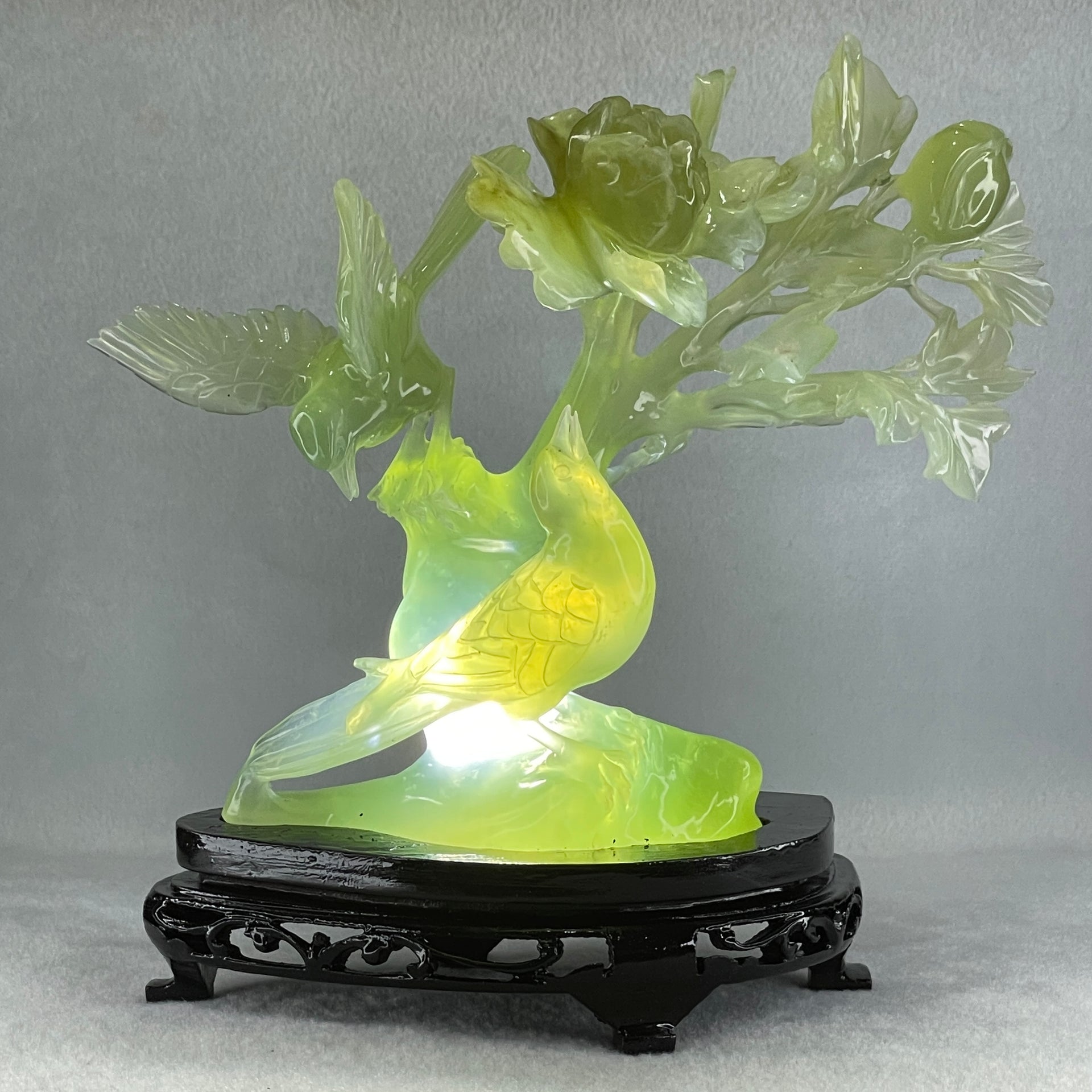 Natural Semi Icy Green Serpentine Double Magpie Birds on Flower Tree with Wooden Stand Display 641.5g 210.0 by 220.0 by 112.0mm - Huangs Jadeite and Jewelry Pte Ltd
