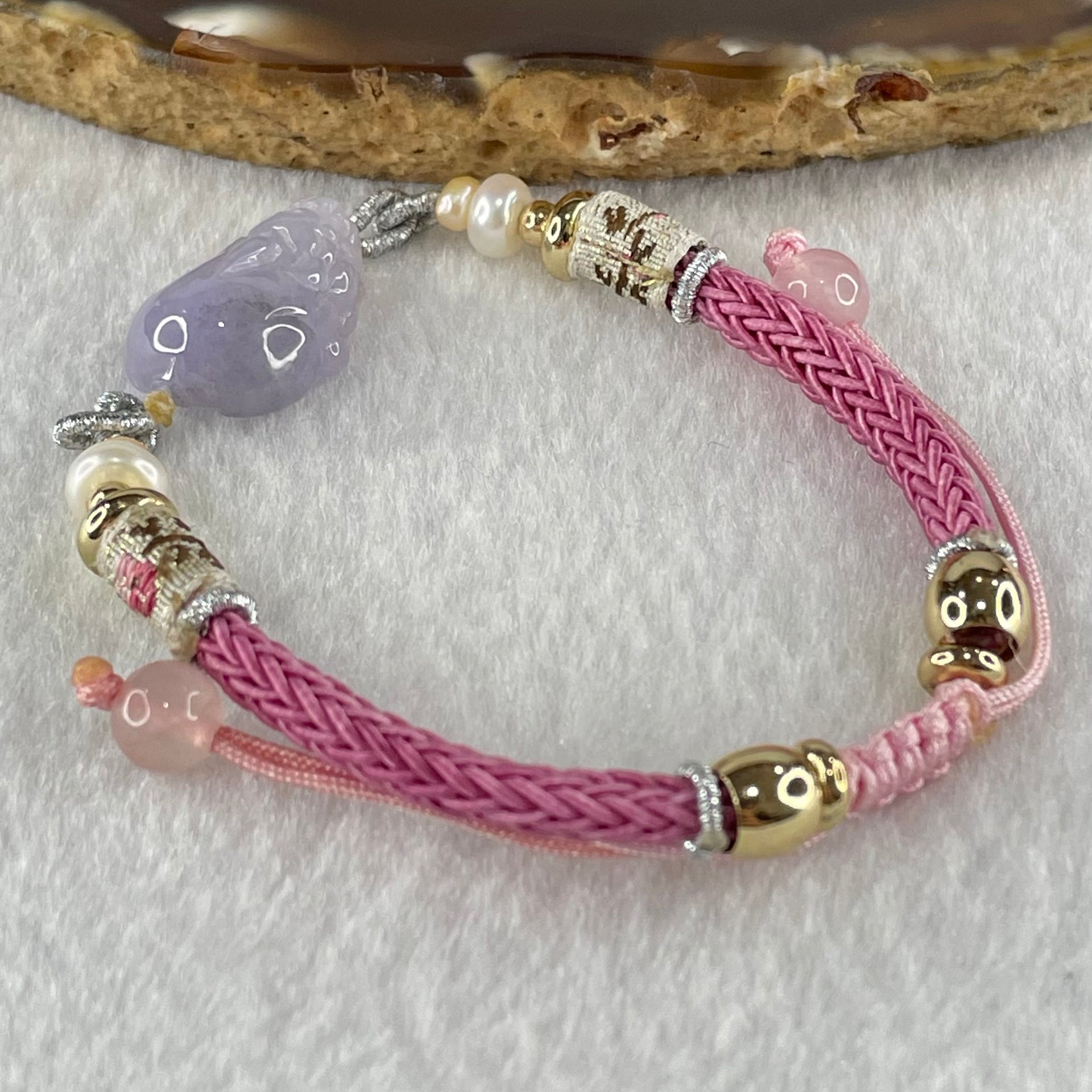 Type A Lavender Jadeite Male Pixiu Charm in String Bracelet 7.02g 17.2 by 12.4 by 7.5mm - Huangs Jadeite and Jewelry Pte Ltd