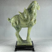 Natural Green Serpentine Victory Horse with Wooden Stand Display 2,539.2g 187.0 by 273.0 by 110.0mm - Huangs Jadeite and Jewelry Pte Ltd