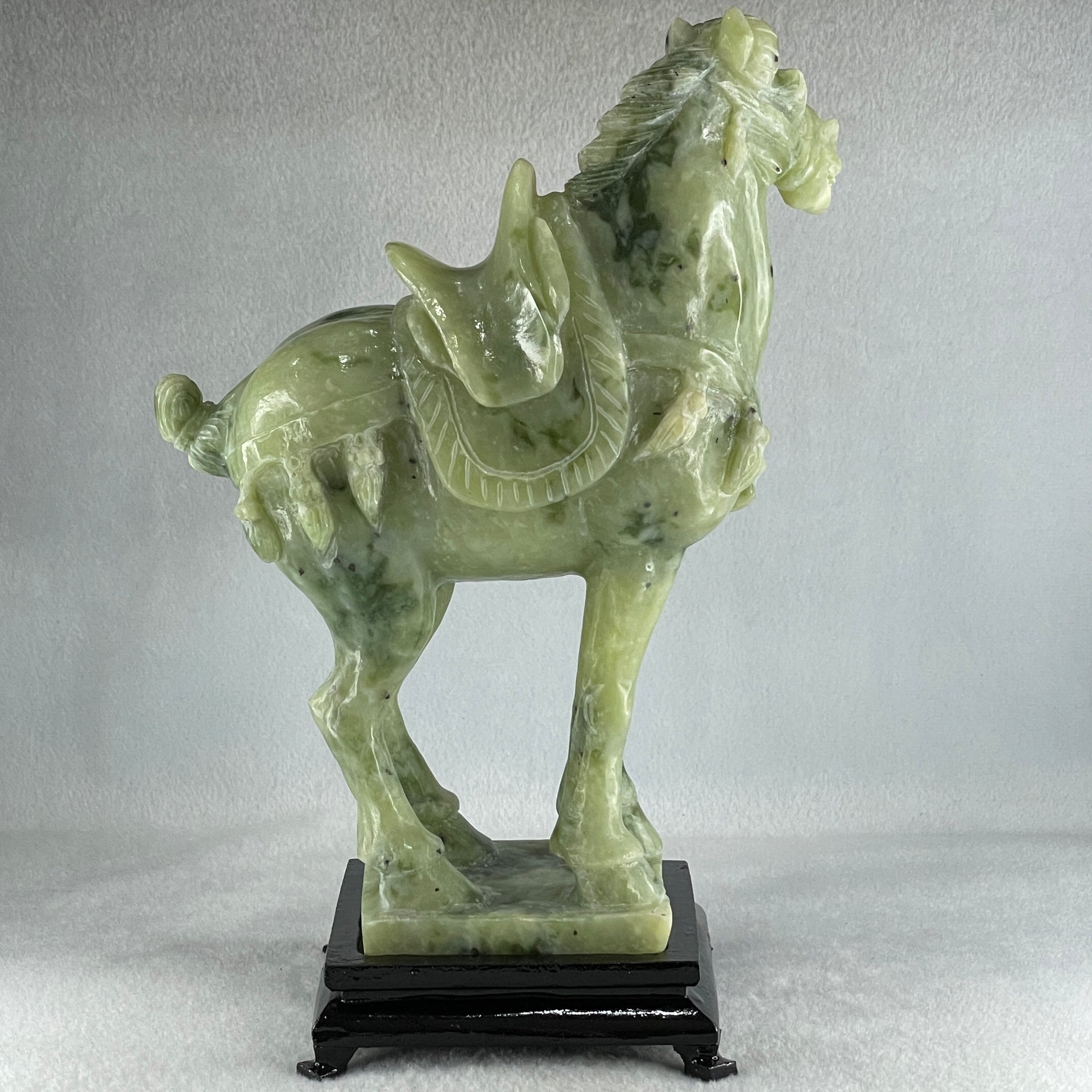 Natural Green Serpentine Victory Horse with Wooden Stand Display 2,539.2g 187.0 by 273.0 by 110.0mm - Huangs Jadeite and Jewelry Pte Ltd