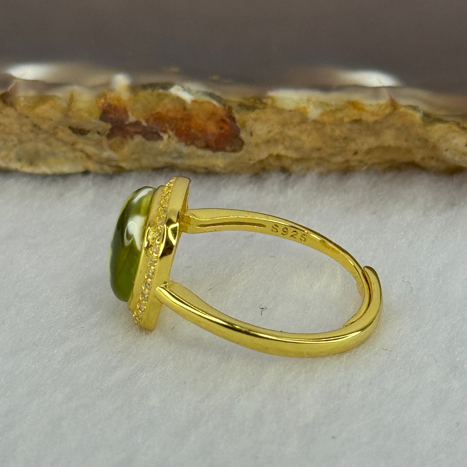 Natural Green Amber with Milk Inclusions in S925 Sliver Gold Color Ring (Adjustable Size) 2.31g 9.5 by 3.0mm - Huangs Jadeite and Jewelry Pte Ltd