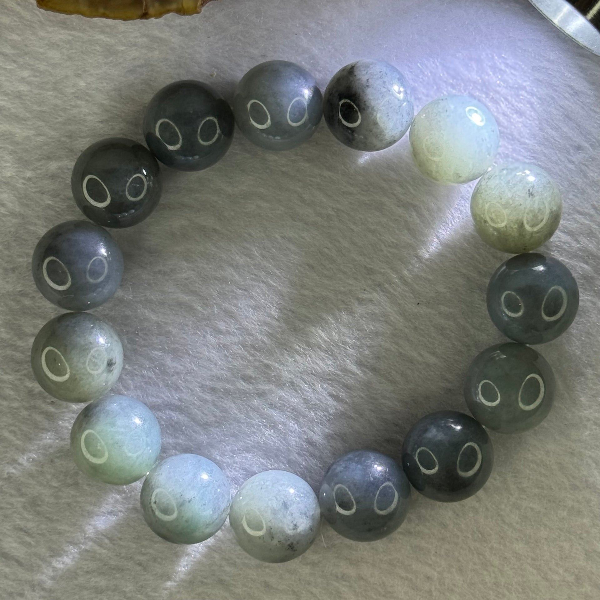 Type A Grey Wuji Green Jadeite Beads Bracelet 73.17g 18.5cm 14.2mm 15 Beads - Huangs Jadeite and Jewelry Pte Ltd