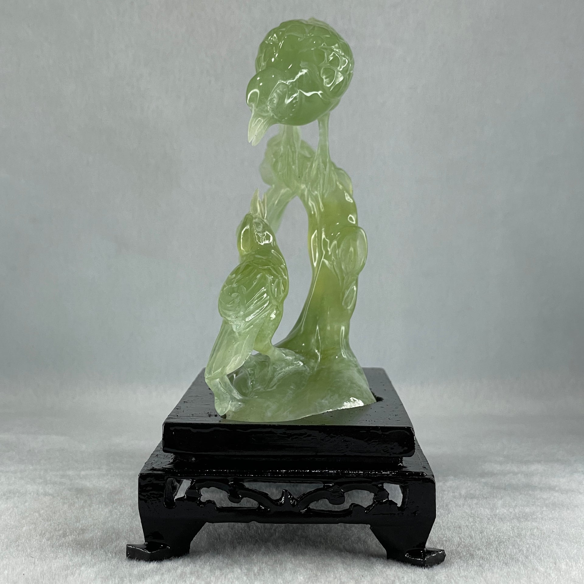 Natural Green Serpentine Double Birds on Tree with Wooden Stand Display 322.6g 74.0 by 155.0 by 75.8mm - Huangs Jadeite and Jewelry Pte Ltd