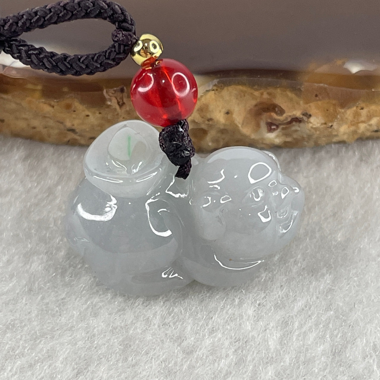 Natural Type A Jelly Lavender Jadeite Pig with Yuan Bao Ingot Necklace 8.36g 22.5 by 13.2 by 13.6mm