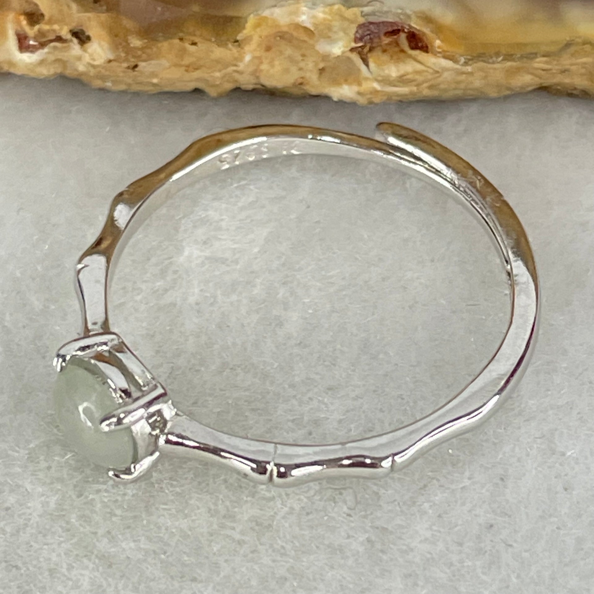 Type A Icy Faint Green Cabochon Jadeite in S925 Sliver Ring (Adjustable Size) 1.09g 5.0 by 2.0mm - Huangs Jadeite and Jewelry Pte Ltd