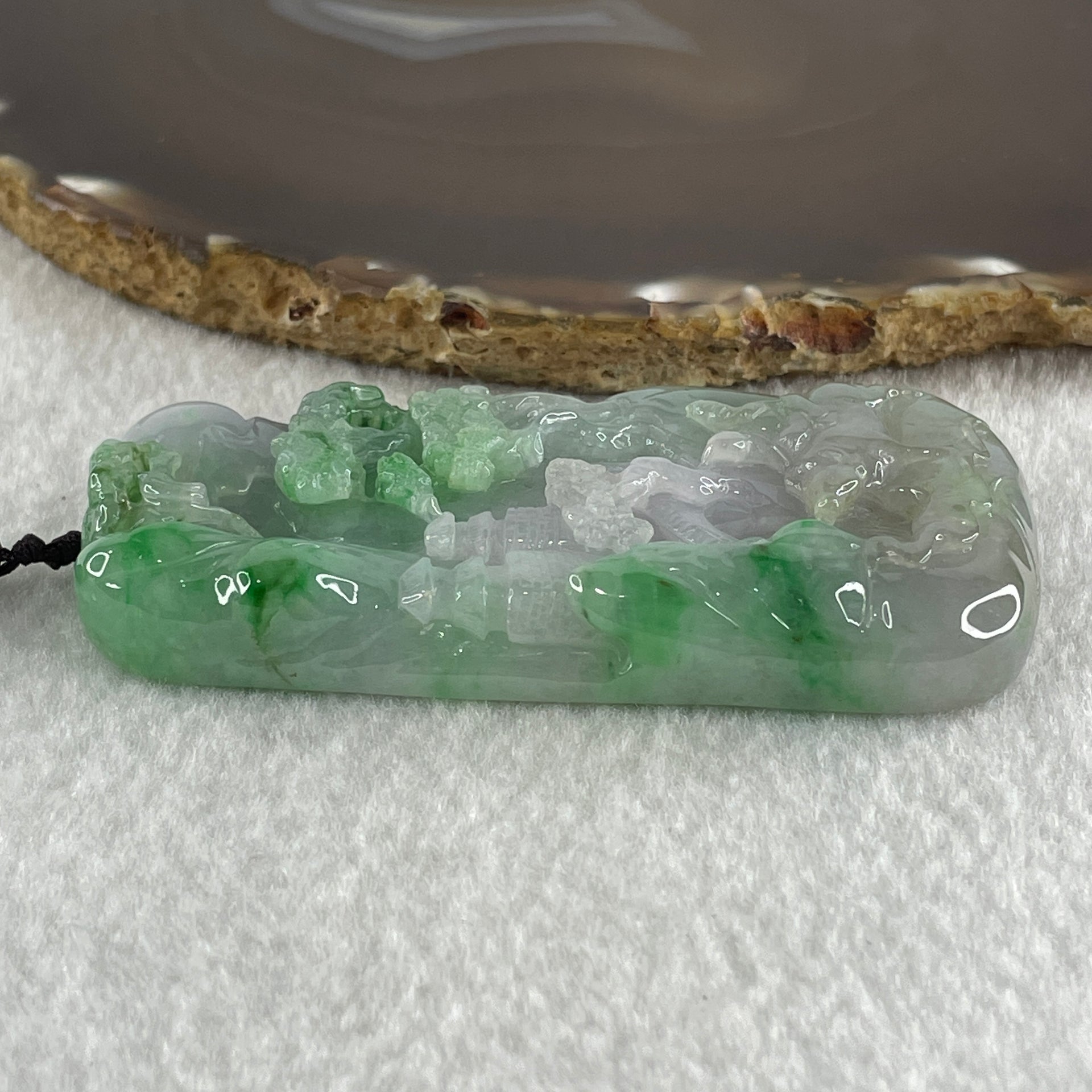 Type A Jelly Lavender and Spicy Green Piao Hua Jadeite Shan Shui and Benefactor 87.19g 79.4 by 40.7 by 11.7mm - Huangs Jadeite and Jewelry Pte Ltd
