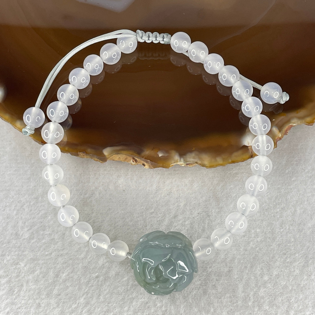 Natural Type A Blueish Green Jadeite Peony Flower 18.5x12.4mm Amulet Bracelet | Adjustable 6.3mm Colorless Agate Beads Harmony Strand (17.98g, 18-20cm, 28 Beads)
