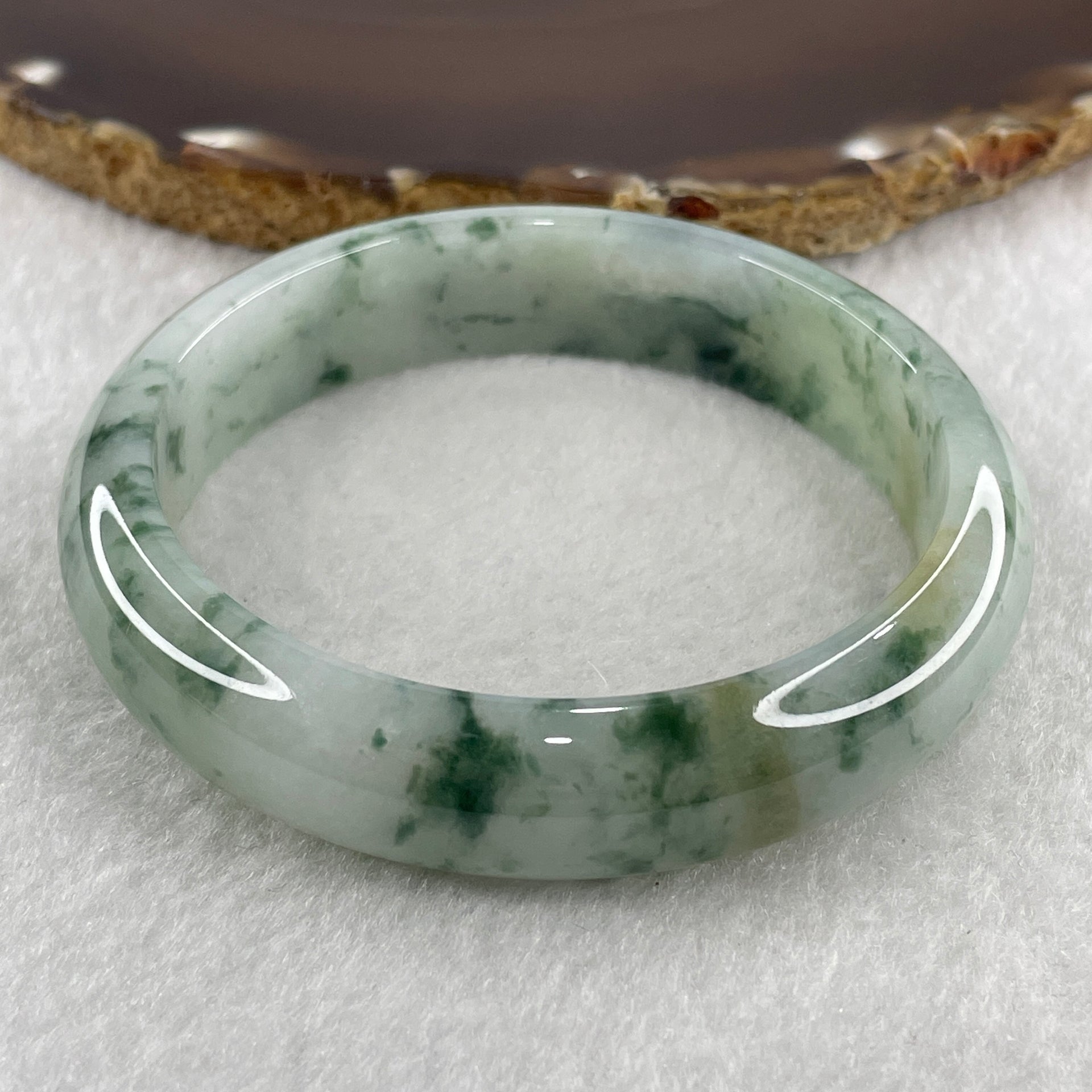 Certified Natural Type A Jelly Light Green with Spicy Green Piao Hua Jadeite Bangle 57.20g Internal Diameter 58.4mm 14.1 by 7.7mm (Perfect) - Huangs Jadeite and Jewelry Pte Ltd